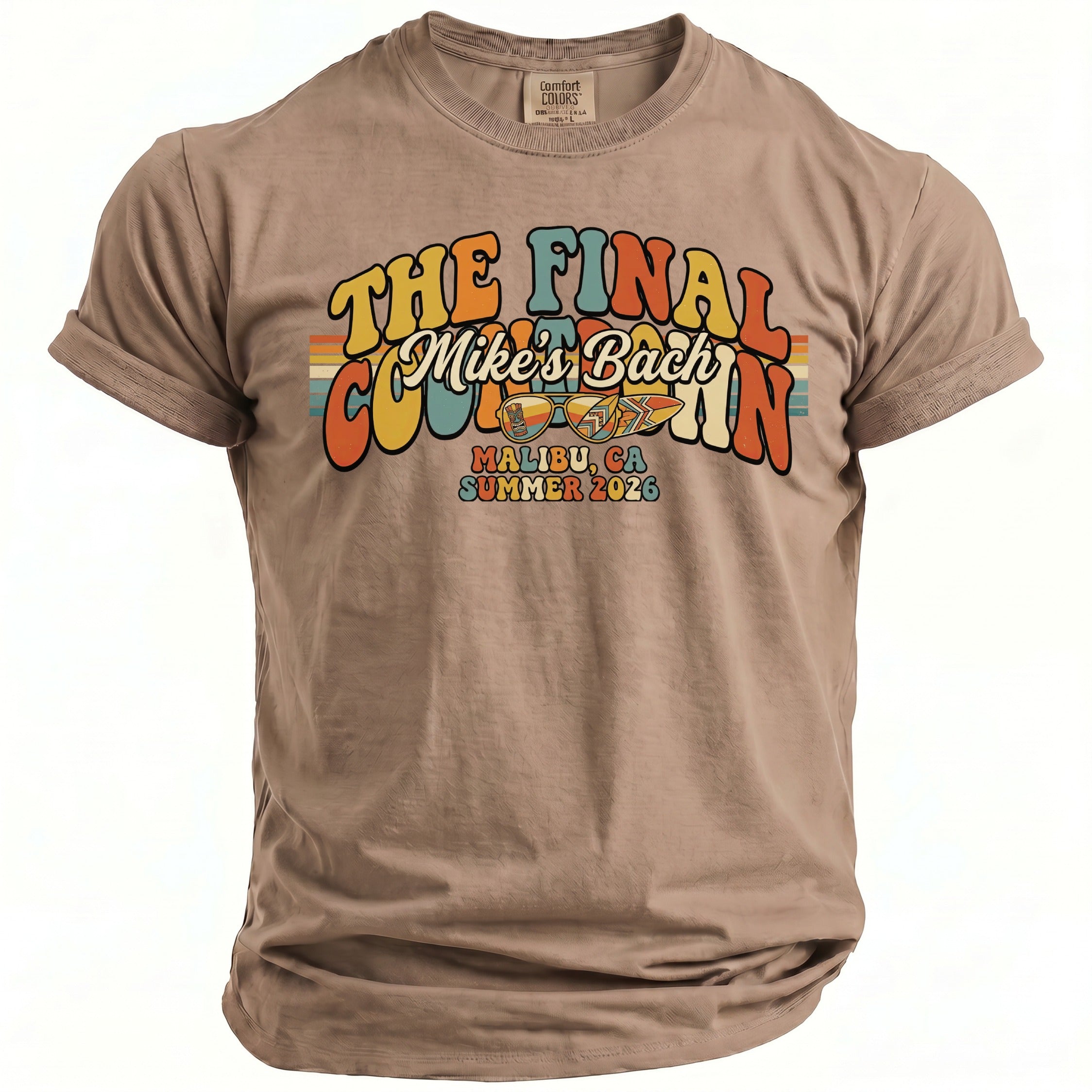 T-shirt with "The Final Mike's Bach" text, sunglasses, surfboard, and Malibu, CA Summer 2026.