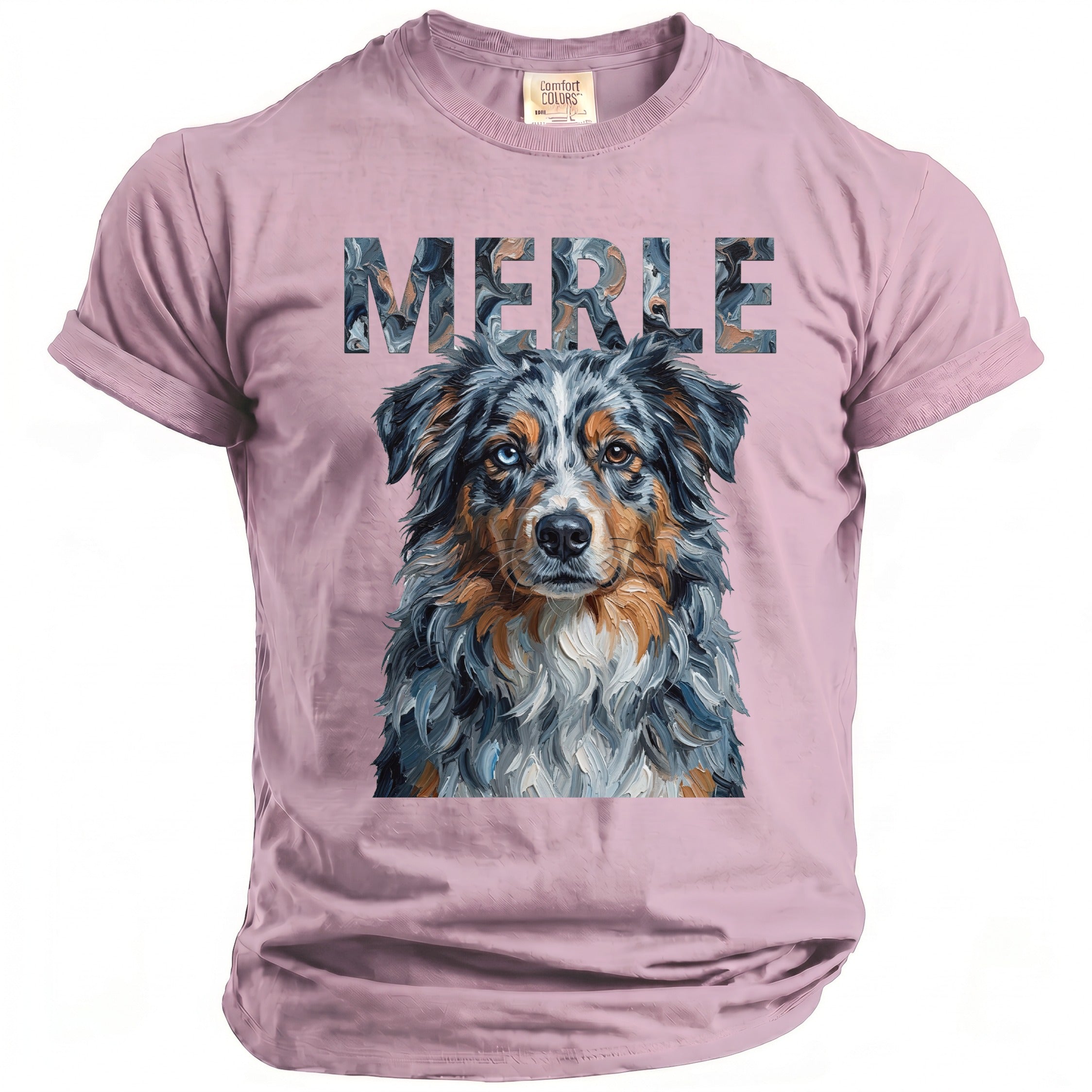 Pink t-shirt with "MERLE" text and a portrait of an Australian Shepherd dog.