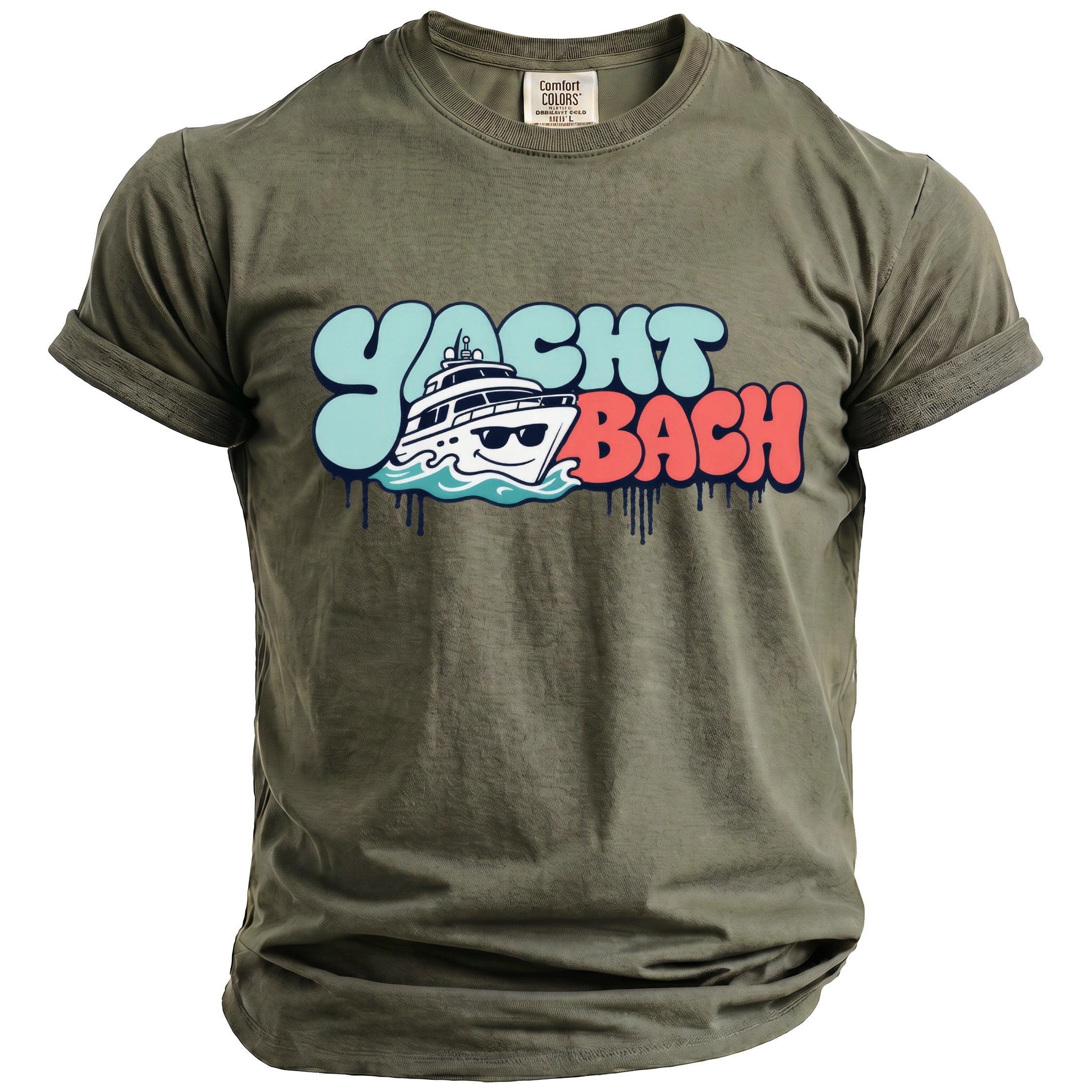 Olive green t-shirt with "YACHT BACH" text featuring a yacht graphic.