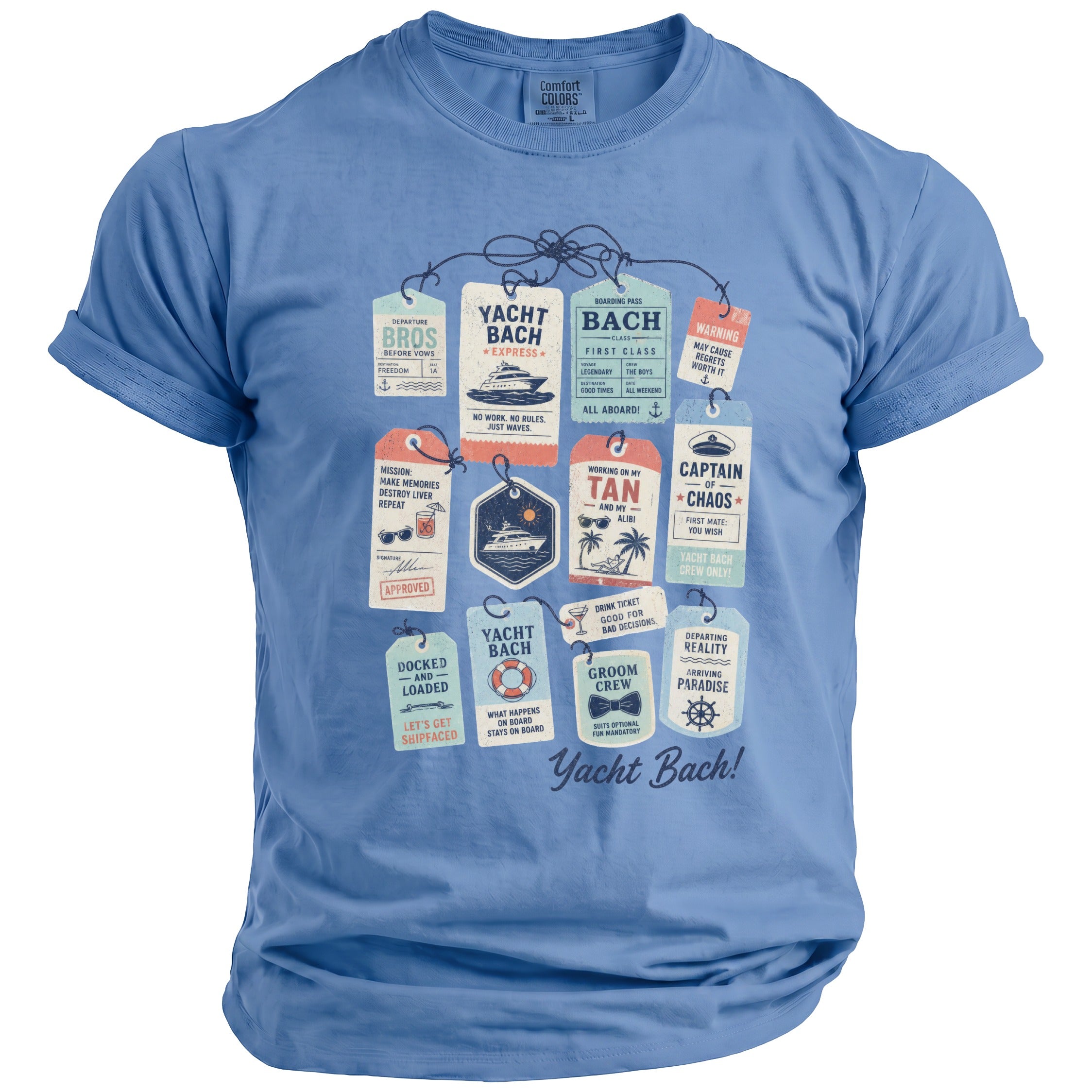 Blue t-shirt with tags graphic about a "Yacht Bach" trip.