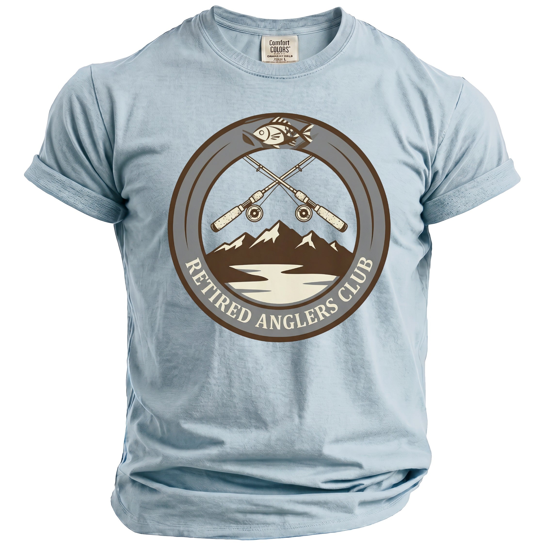 Light blue t-shirt with a circular graphic of crossed fishing rods, mountains, and lake.