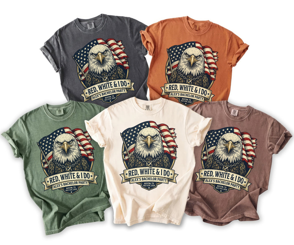 T-shirts feature an eagle and flag graphic with "Red, White & I Do" text.