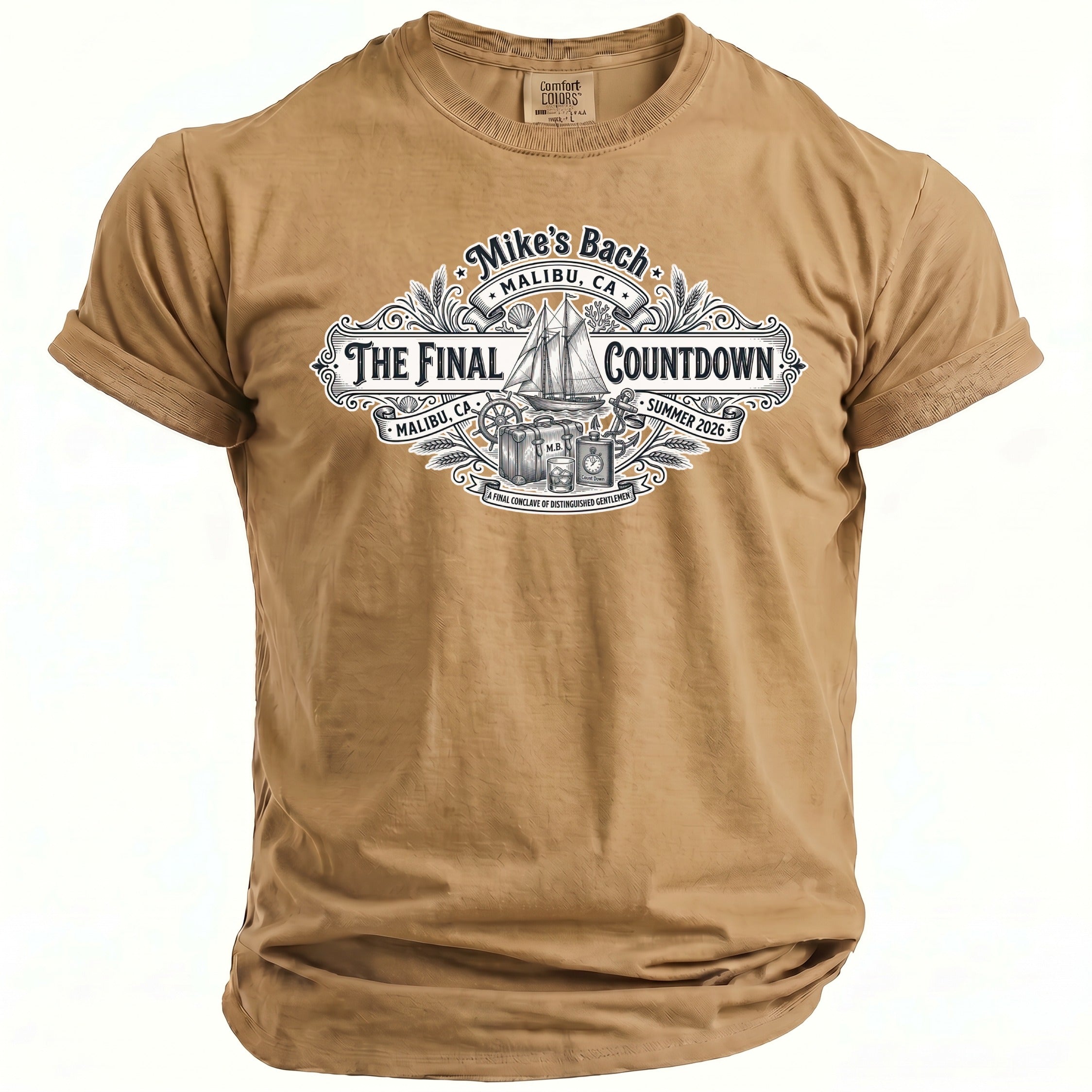 Tan t-shirt with "Mike's Bach Malibu, CA The Final Countdown Summer 2026" graphic.