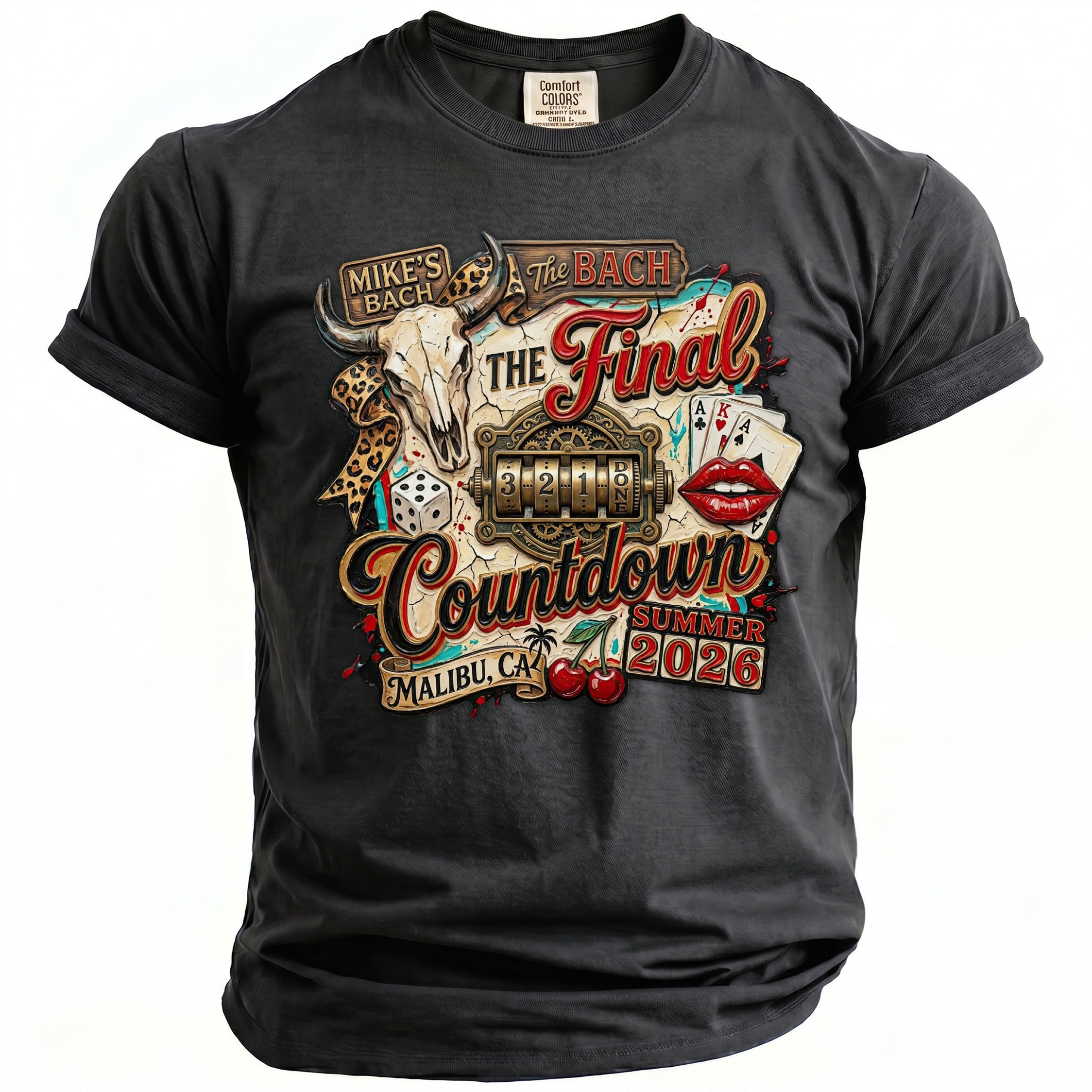 Dark gray t-shirt with "Mike's Bach The Final Countdown" graphic featuring a bull skull.