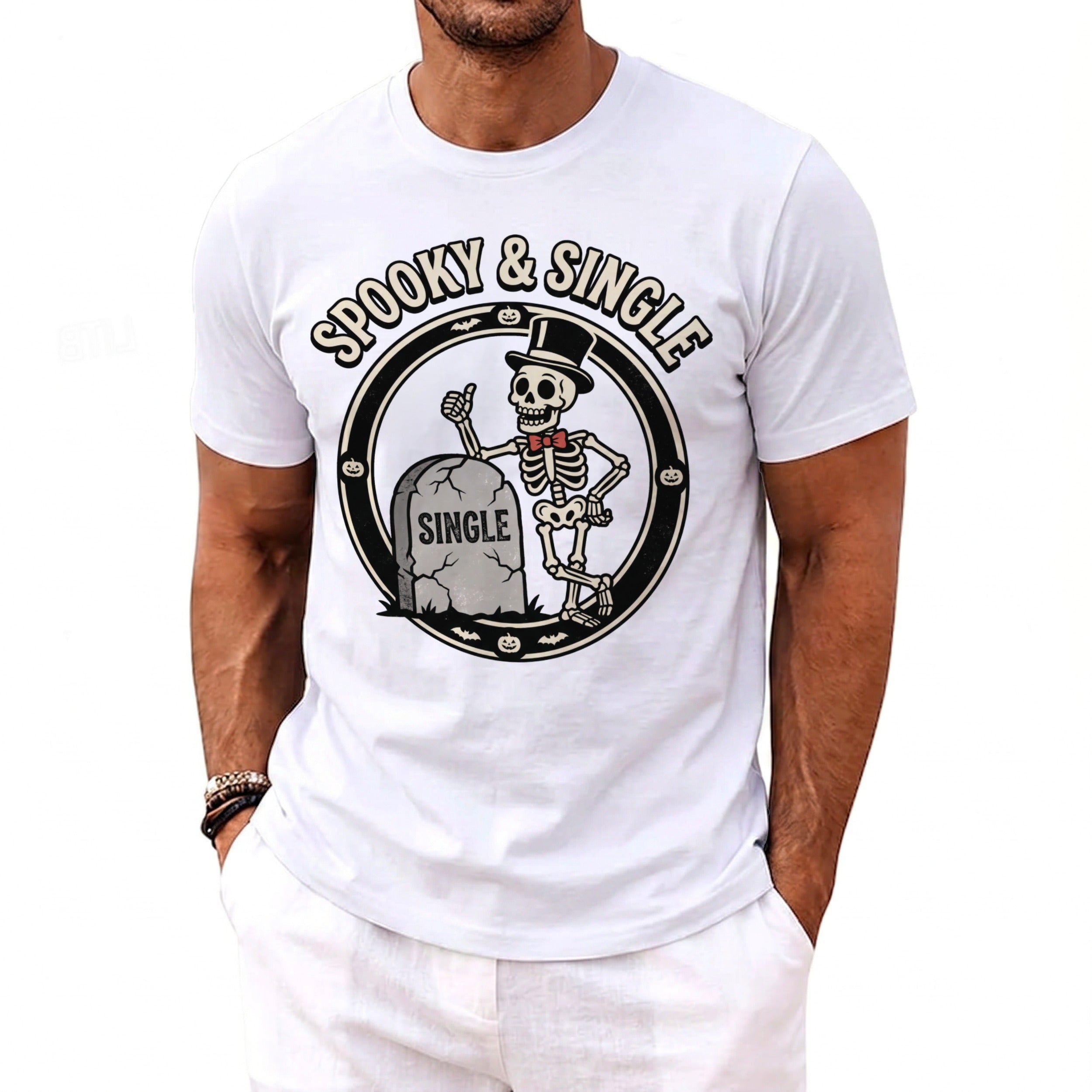 White t-shirt featuring a cartoon skeleton in a top hat and "Spooky & Single" text.