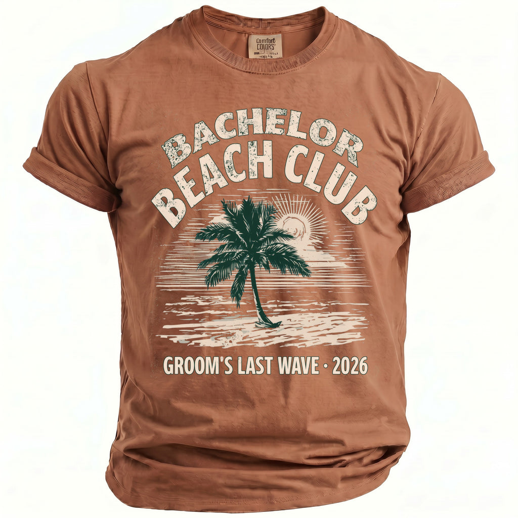 Brown t-shirt with "Bachelor Beach Club" and "Groom's Last Wave 2026" text.