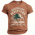 Brown t-shirt with "Bachelor Beach Club" and "Groom's Last Wave 2026" text.
