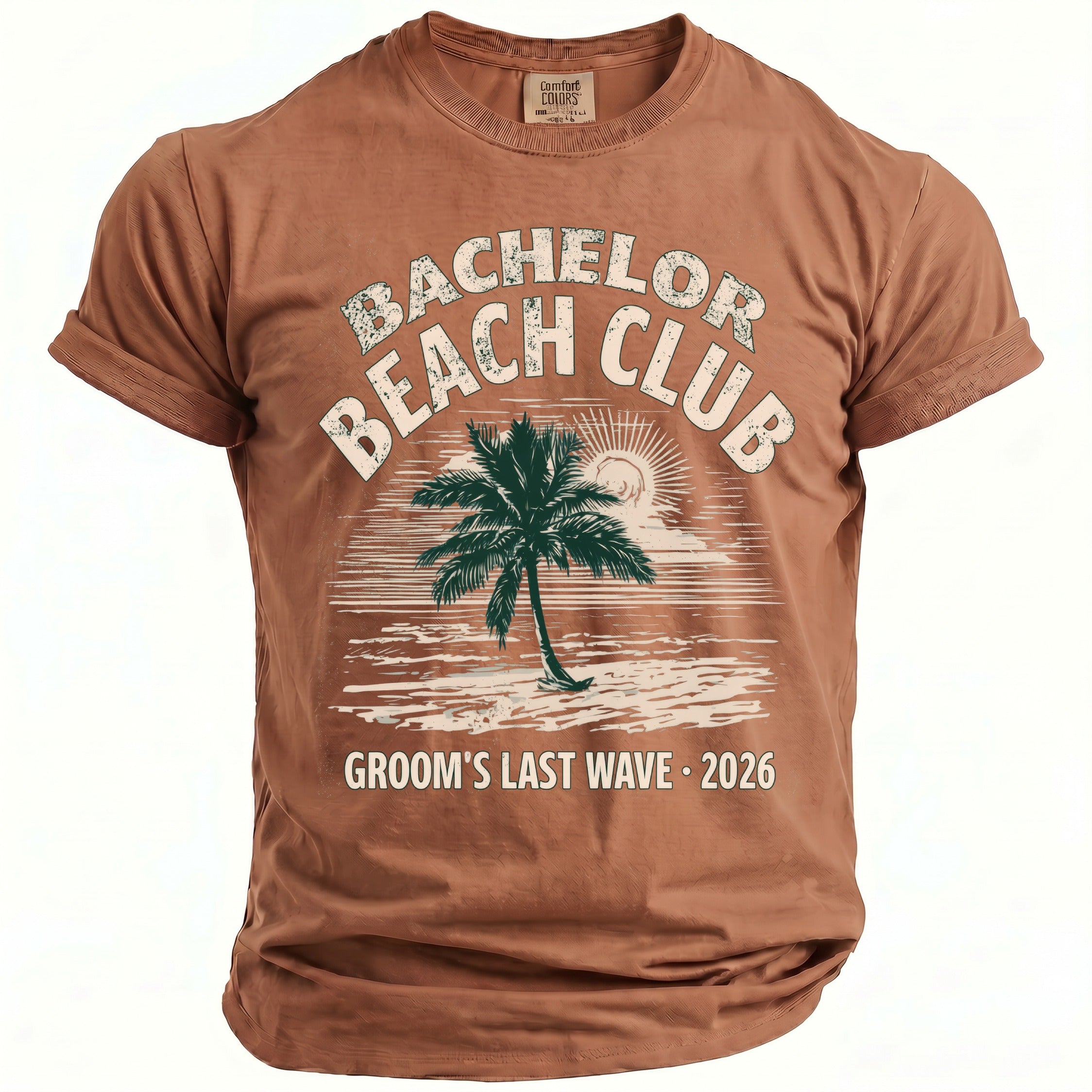 Brown t-shirt with "Bachelor Beach Club" and "Groom's Last Wave 2026" text.