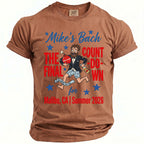 Brown t-shirt with "Mike's Bach Final Countdown" and a groom running with a bomb.