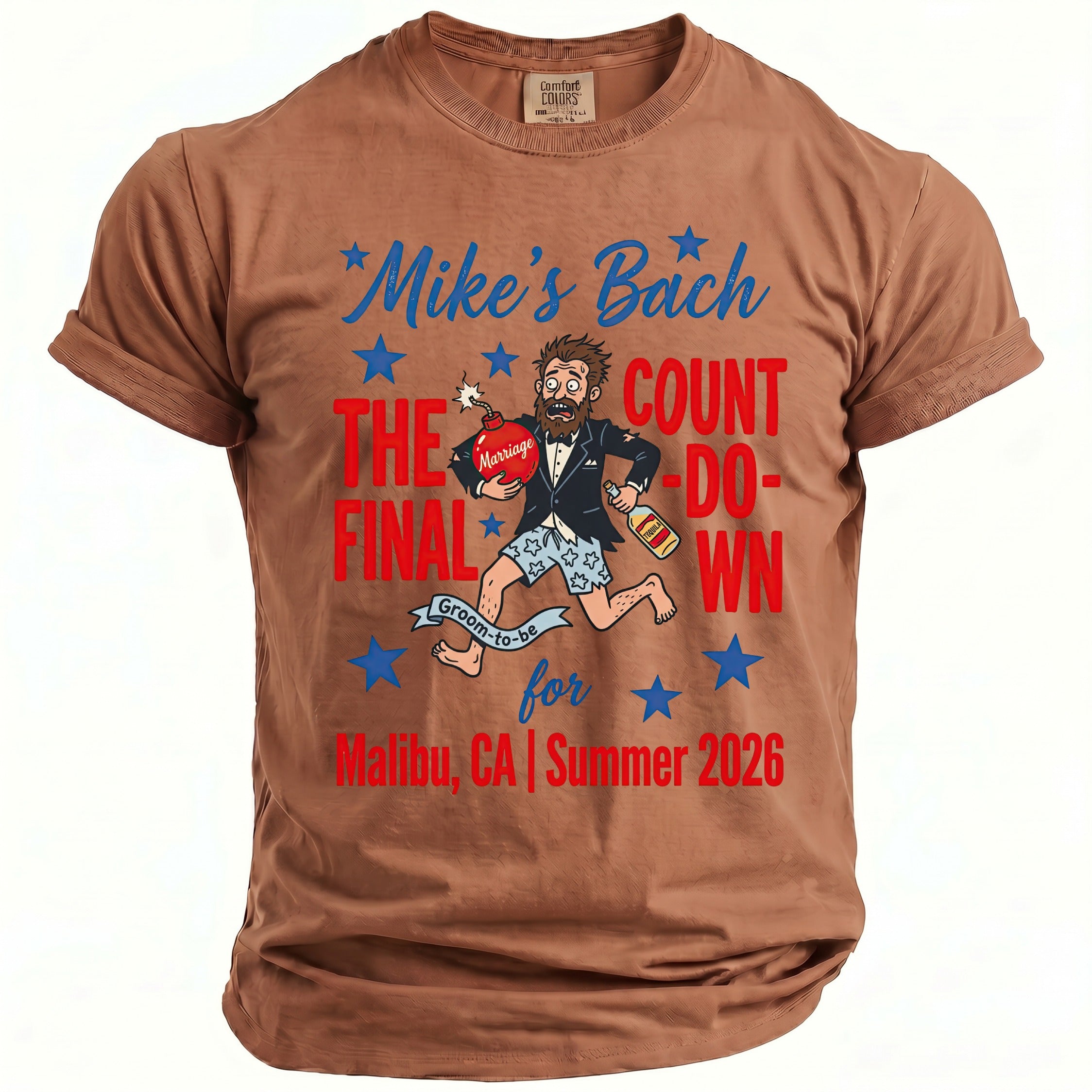 Brown t-shirt with "Mike's Bach Final Countdown" and a groom running with a bomb.