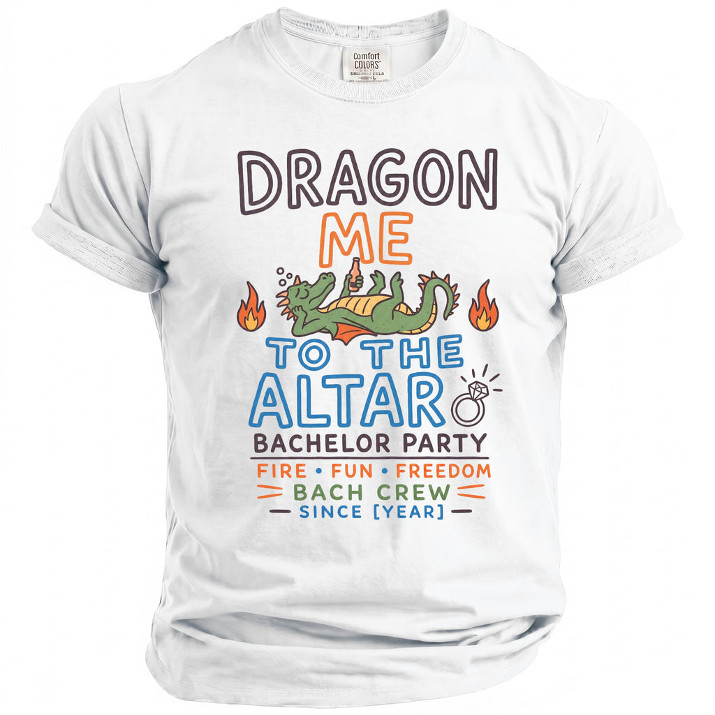 White bachelor party t-shirt with "Dragon Me to the Altar" graphic and ring.