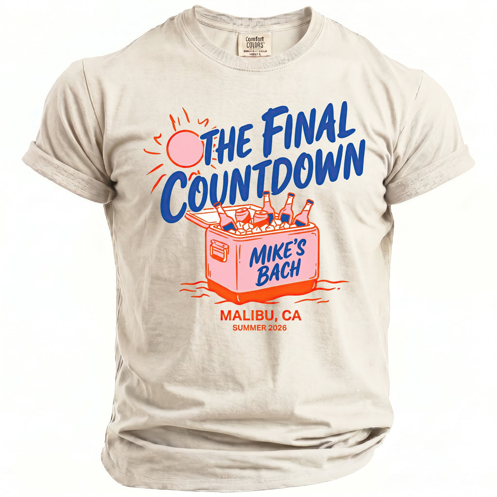 T-shirt with "The Final Countdown" text and a cooler with drinks for "Mike's Bach" in Malibu.