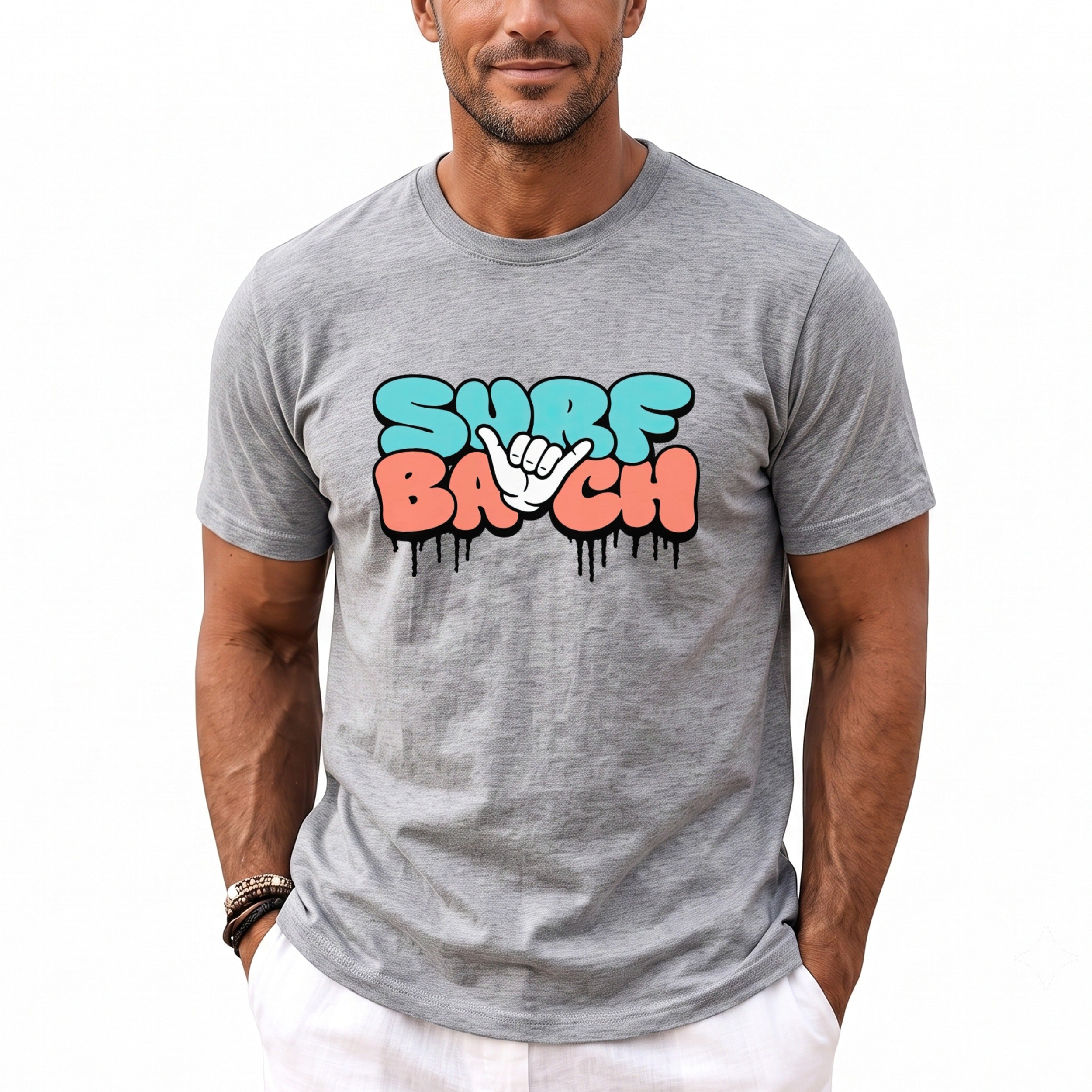 Grey t-shirt with "SURF" and "BA" text and a shaka hand sign.