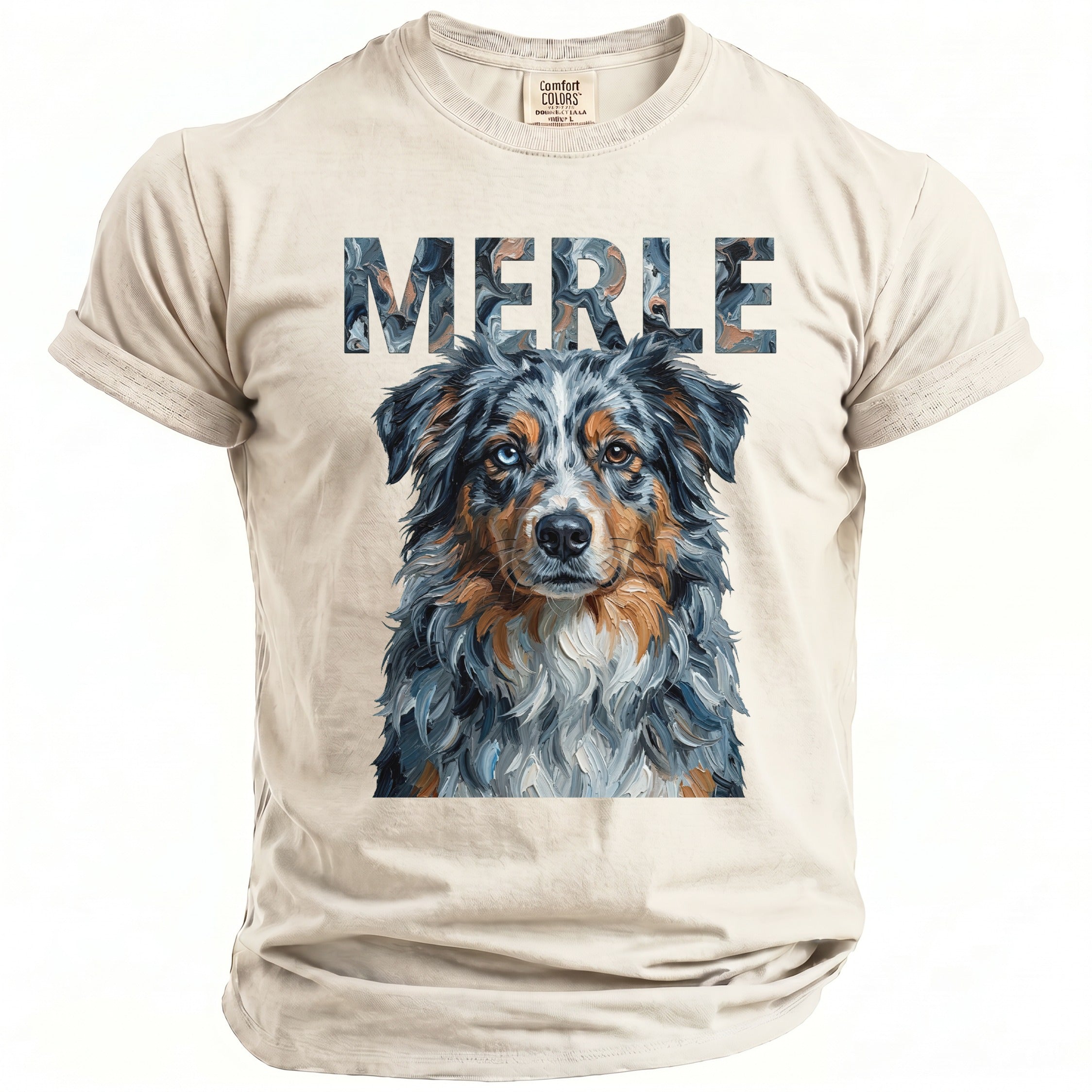 Cream t-shirt with "MERLE" text and Australian Shepherd dog portrait.