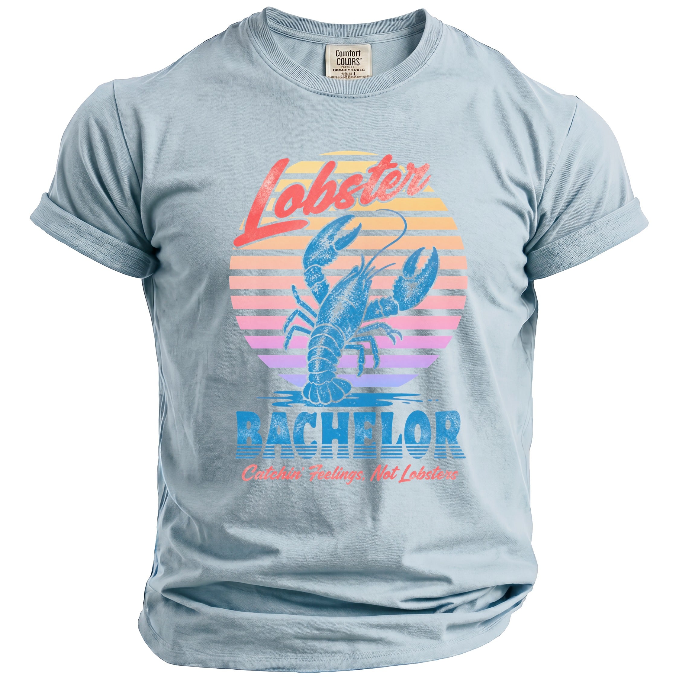 Light blue Comfort Colors t-shirt with "Lobster Bachelor" text and lobster graphic.