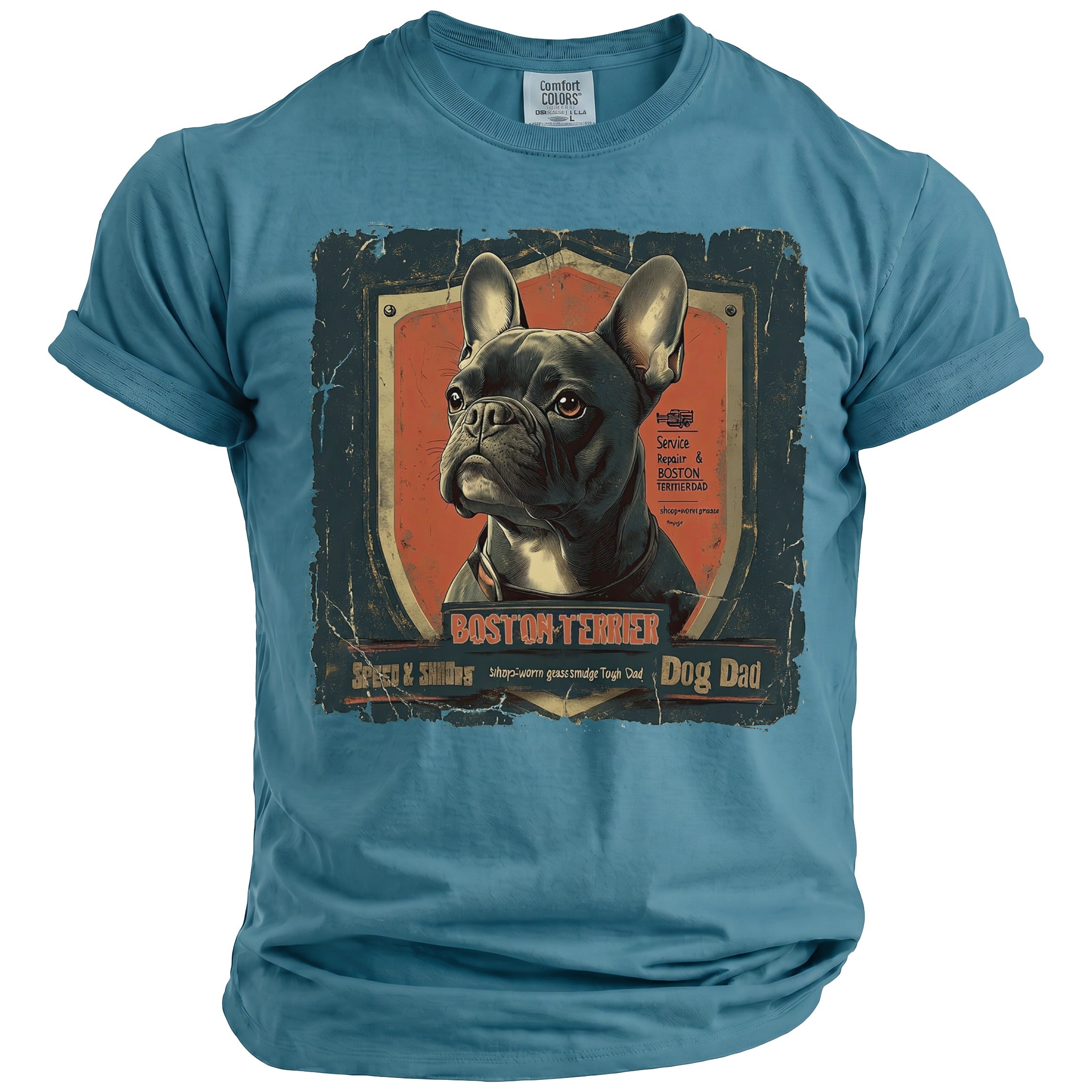 Blue t-shirt with distressed Boston Terrier graphic, text "Boston Terrier" and "Dog Dad".