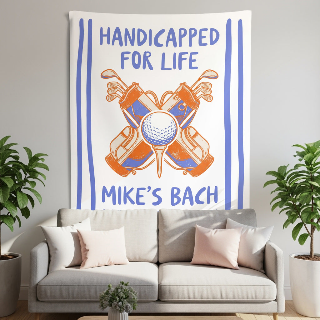 Tapestry with "Handicapped for Life" and "Mike's Bach" and golf imagery.