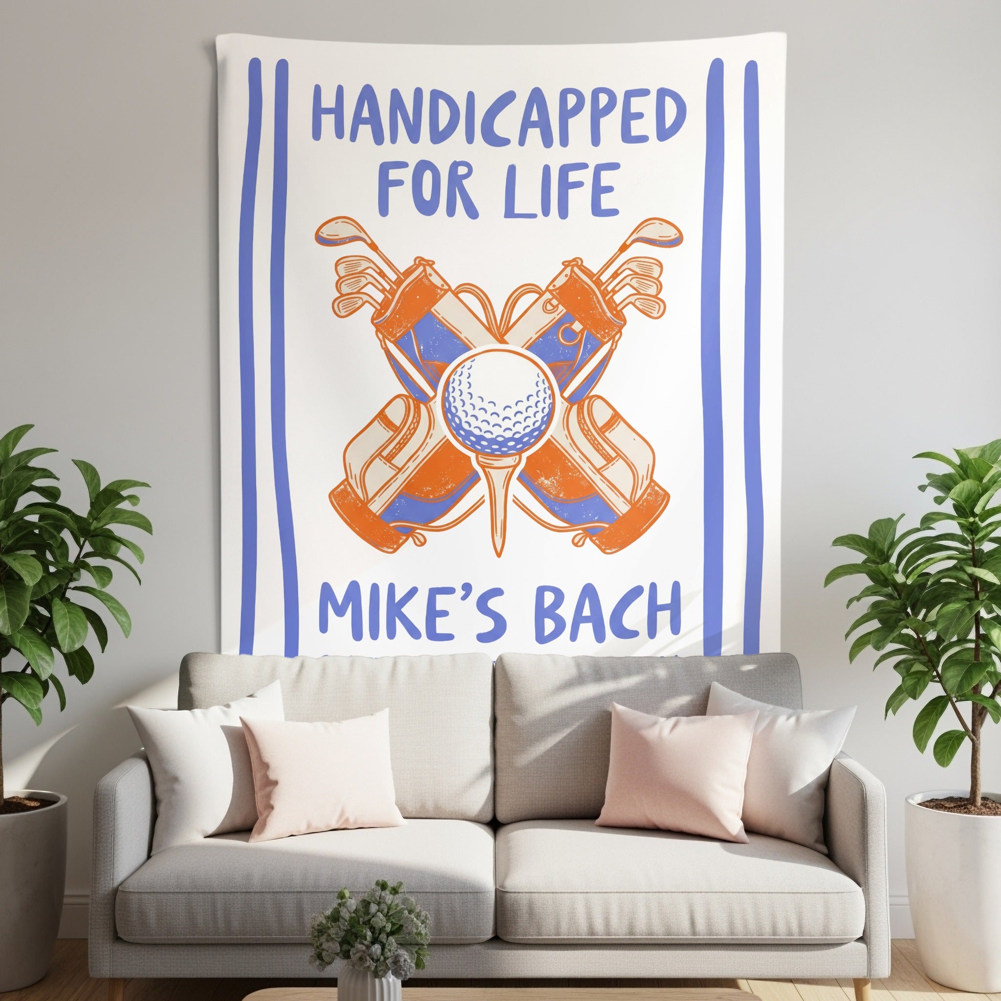 Tapestry with "Handicapped for Life" and "Mike's Bach" and golf imagery.