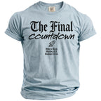 Light blue t-shirt with black text: "The Final Countdown," rocket, and "Mike's Bach. Malibu, CA. Summer 2026."