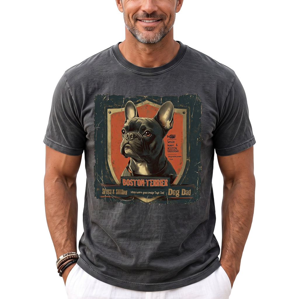 Dark grey t-shirt with a Boston Terrier graphic that reads "Boston Terrier Dog Dad".
