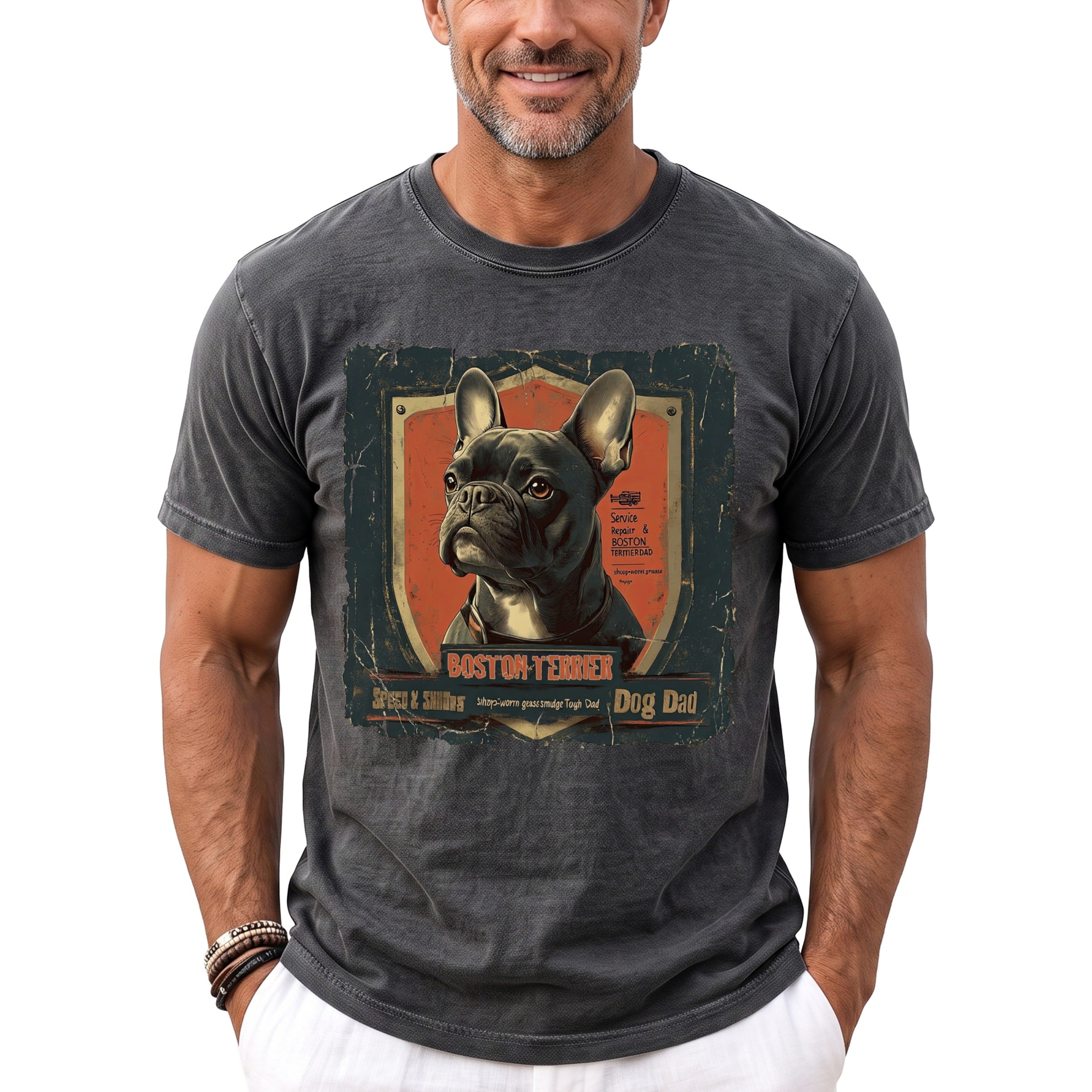 Dark grey t-shirt with a Boston Terrier graphic that reads "Boston Terrier Dog Dad".