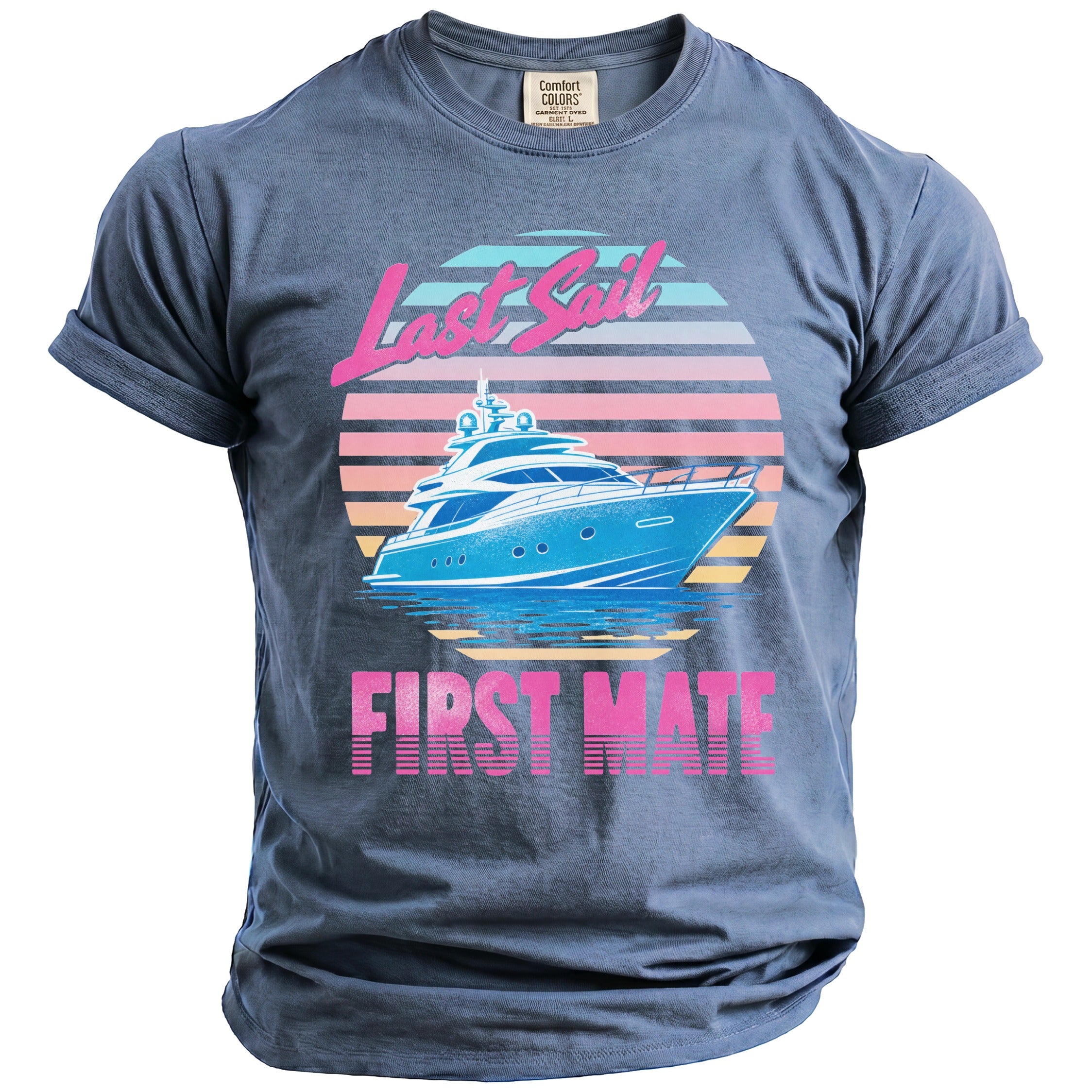 A blue crewneck t-shirt featuring a retro graphic of a yacht and the text Last Sail First Mate.