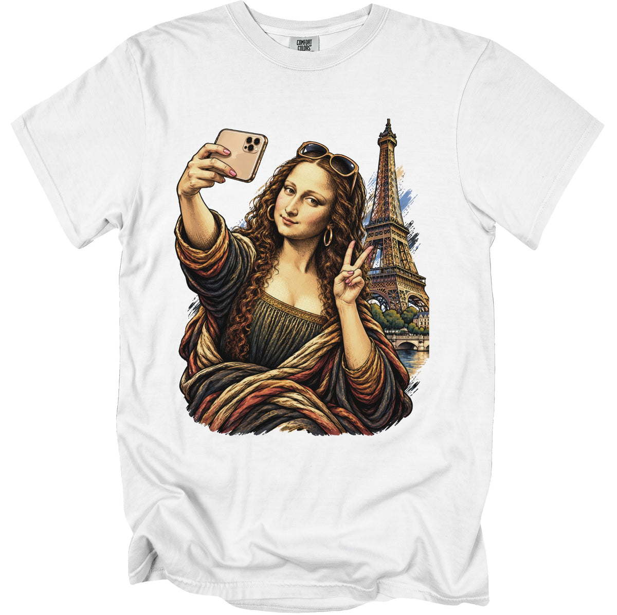 Mona Lisa taking a selfie with Eiffel Tower and peace sign.