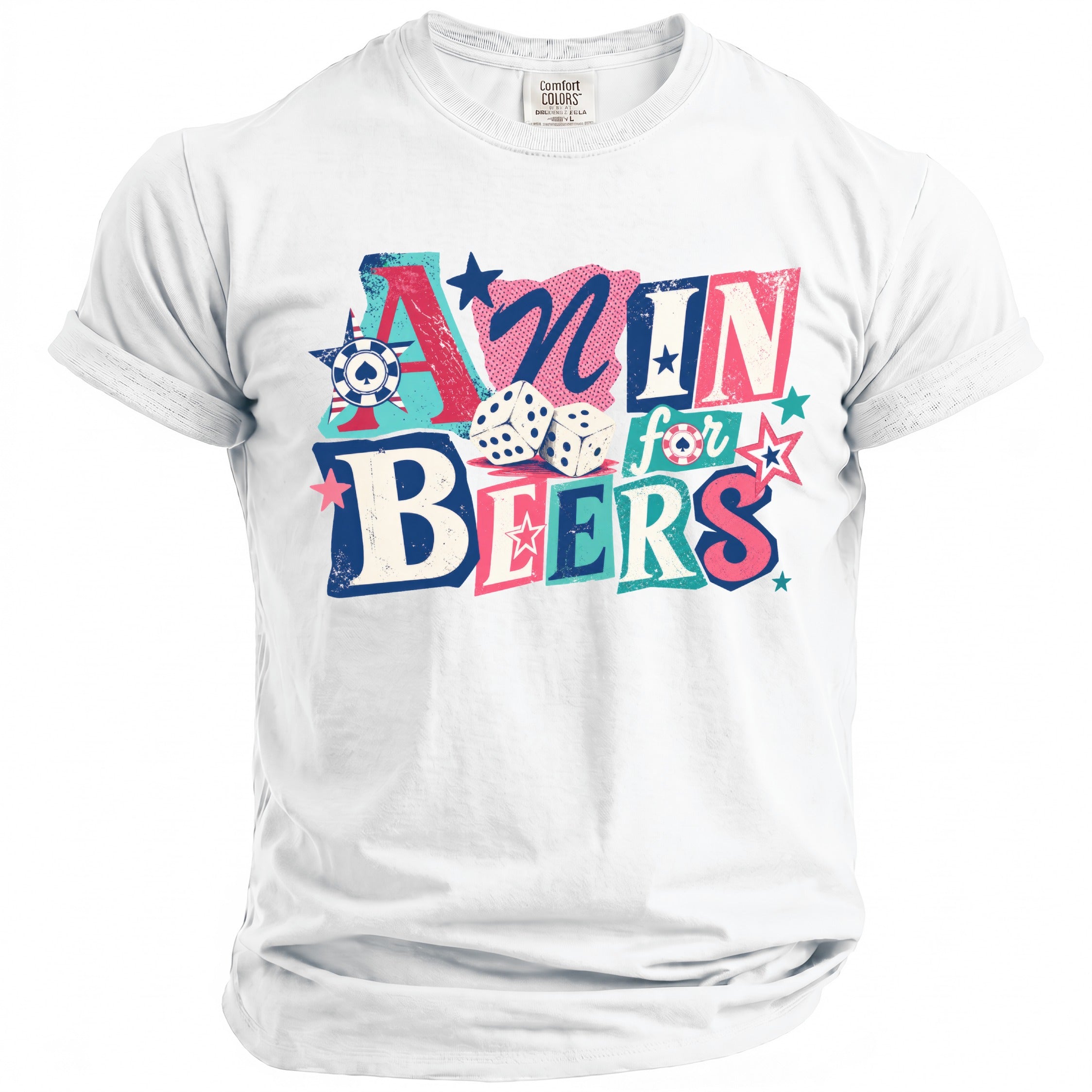 White t-shirt with "A Nin for Beers" graphic featuring dice and poker chips.