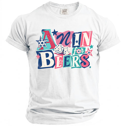 White t-shirt with "A Nin for Beers" graphic featuring dice and poker chips.