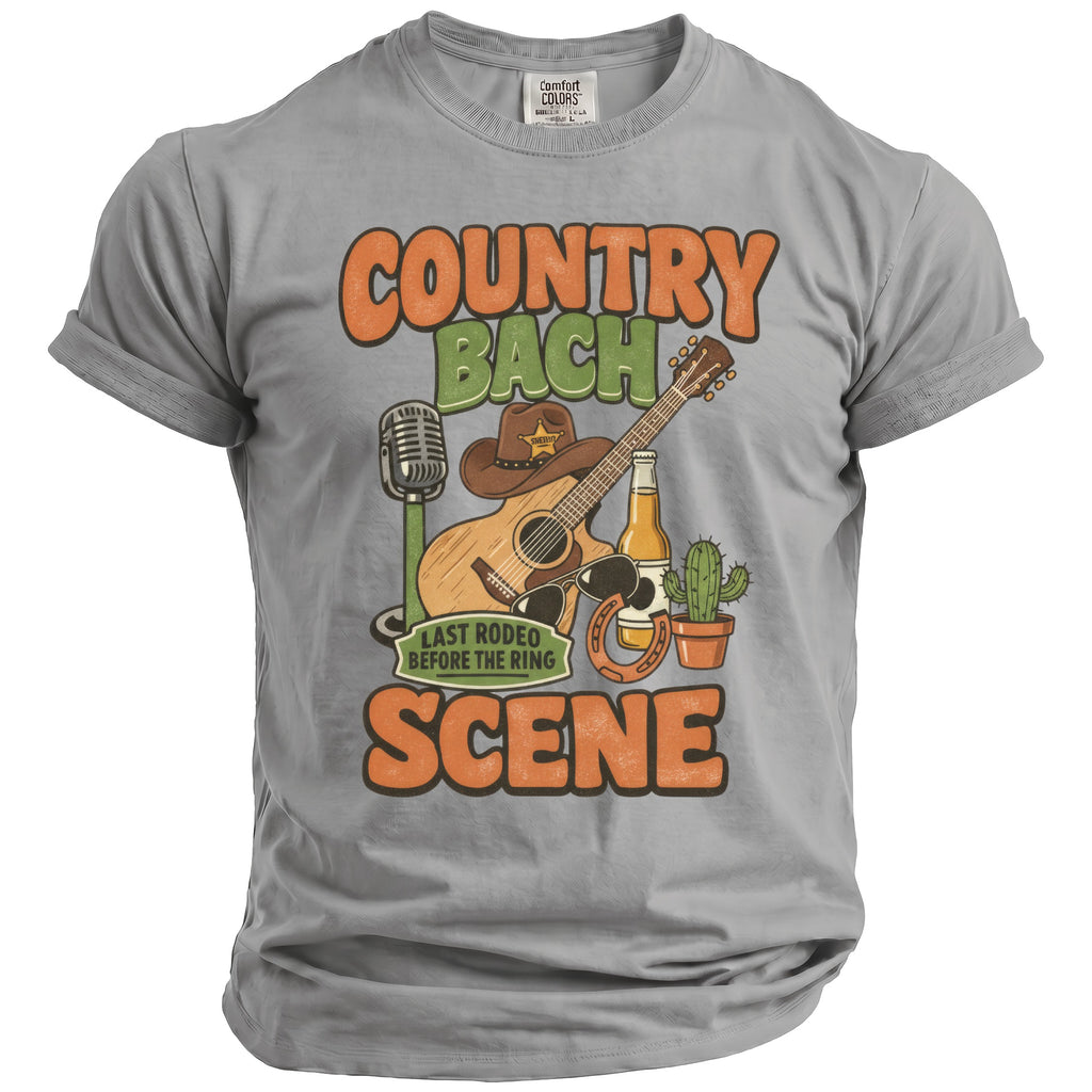 Country Bach Last Rodeo Before the Ring Scene graphic on grey t-shirt.