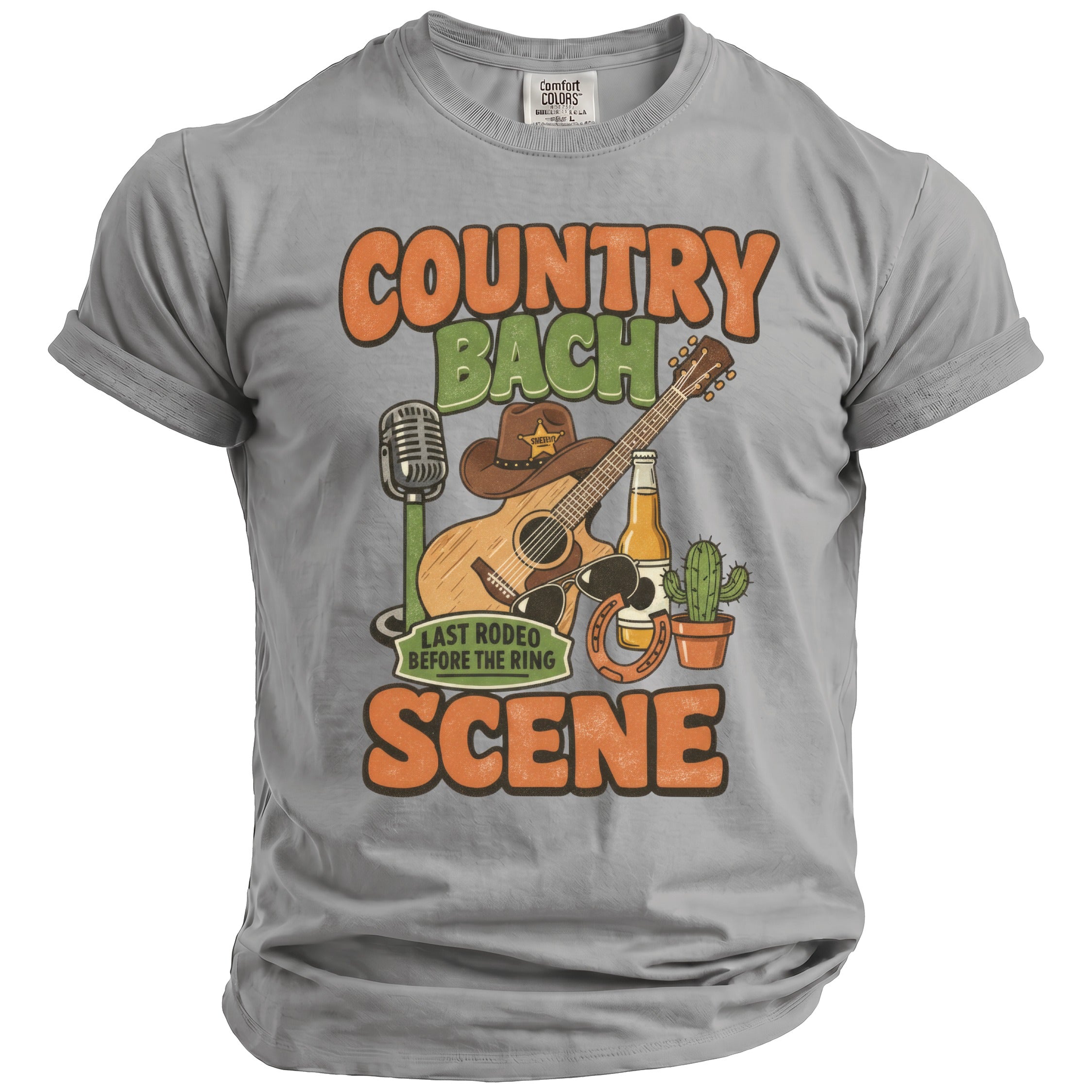Country Bach Last Rodeo Before the Ring Scene graphic on grey t-shirt.