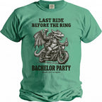 Green t-shirt with dragon on motorcycle text "Last Ride Before the Ring Bachelor Party".