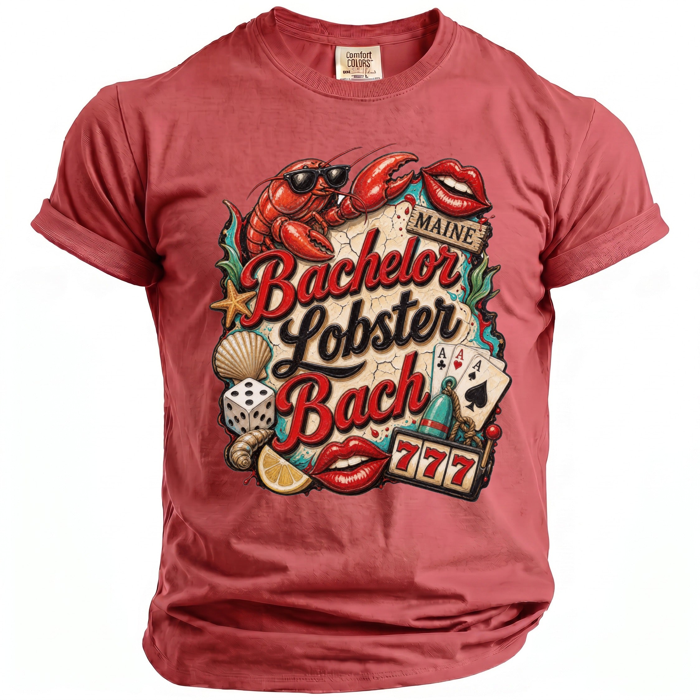 Red t-shirt with "Bachelor Lobster Bach Maine" graphic featuring lobster, lips, dice, and cards.