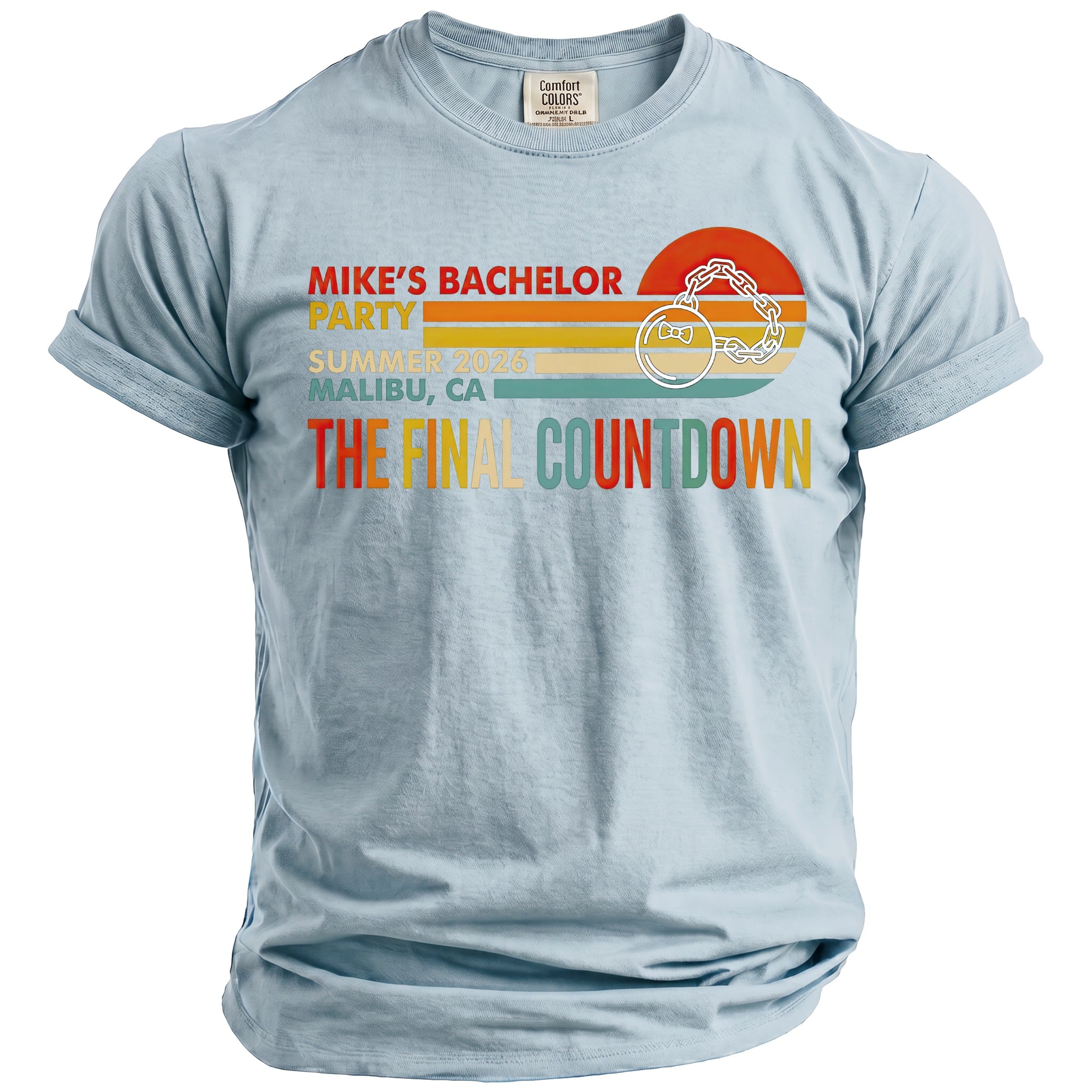 Light blue t-shirt with "Mike's Bachelor Party" and "The Final Countdown" text.