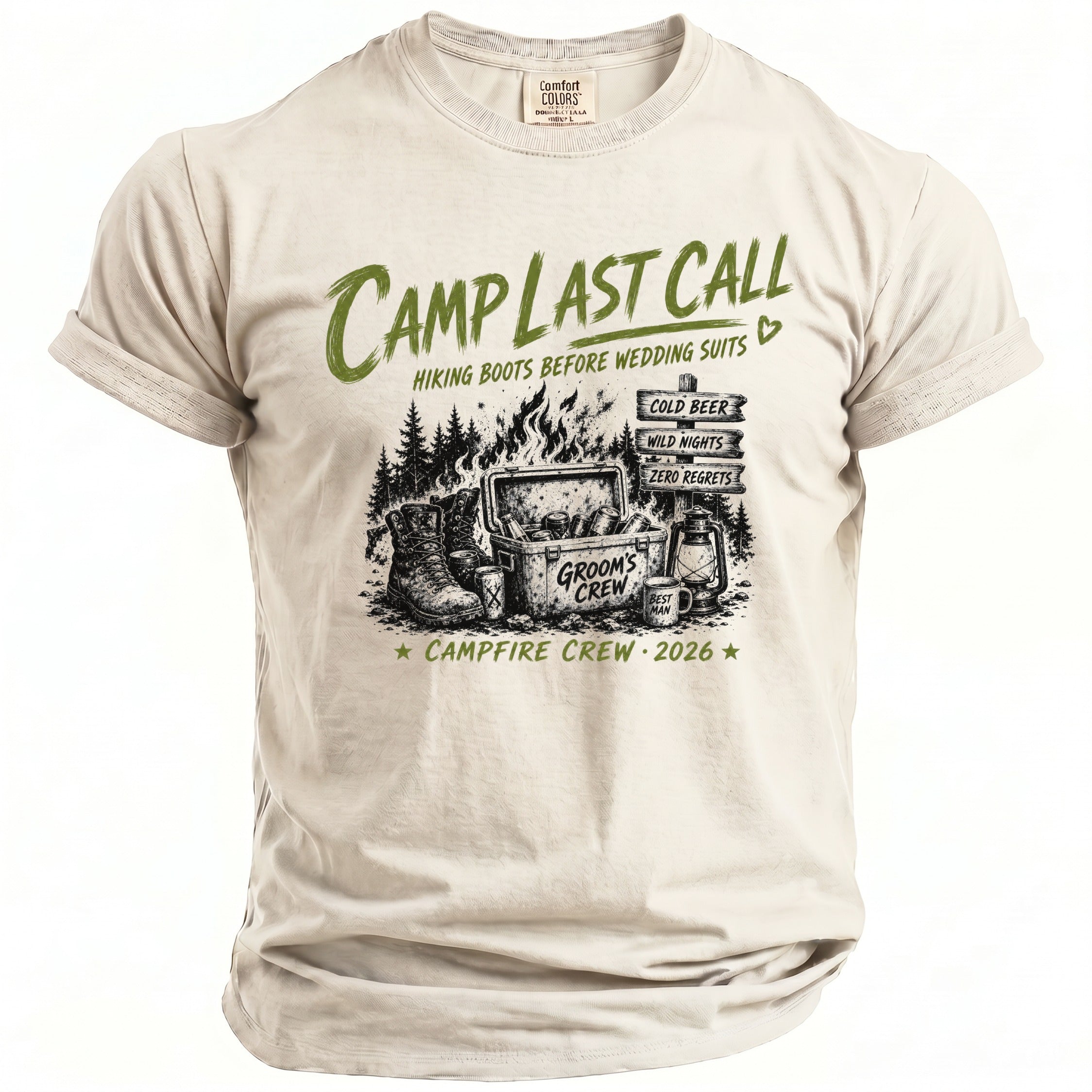 T-shirt graphic: Camp Last Call, hiking boots, cooler, and campfire.