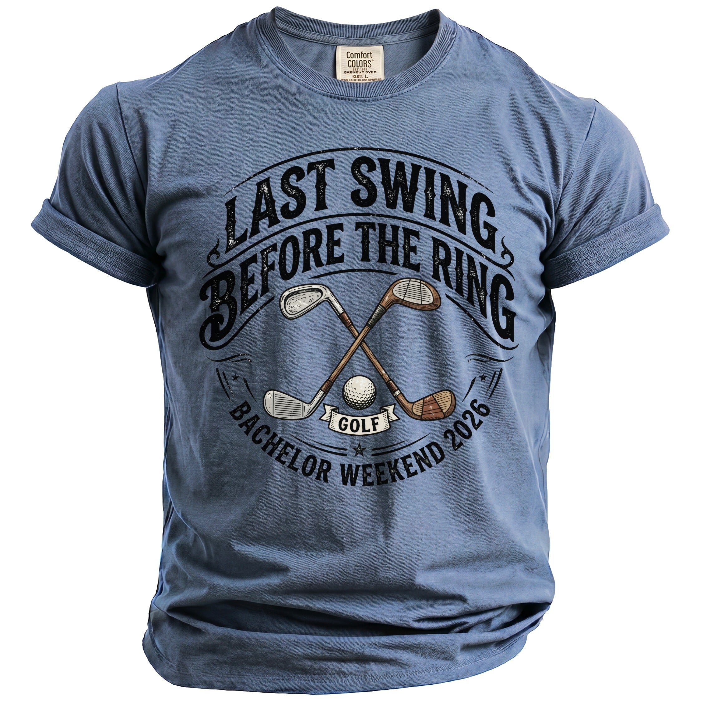 Blue t-shirt with "Last Swing Before The Ring" and golf graphic.