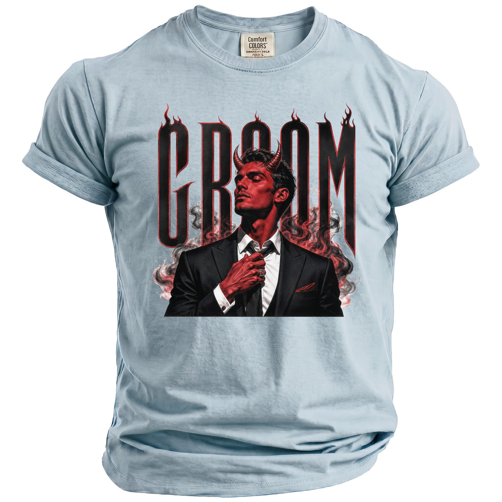 Light blue t-shirt with "Groom" text and a devilish man in a suit.