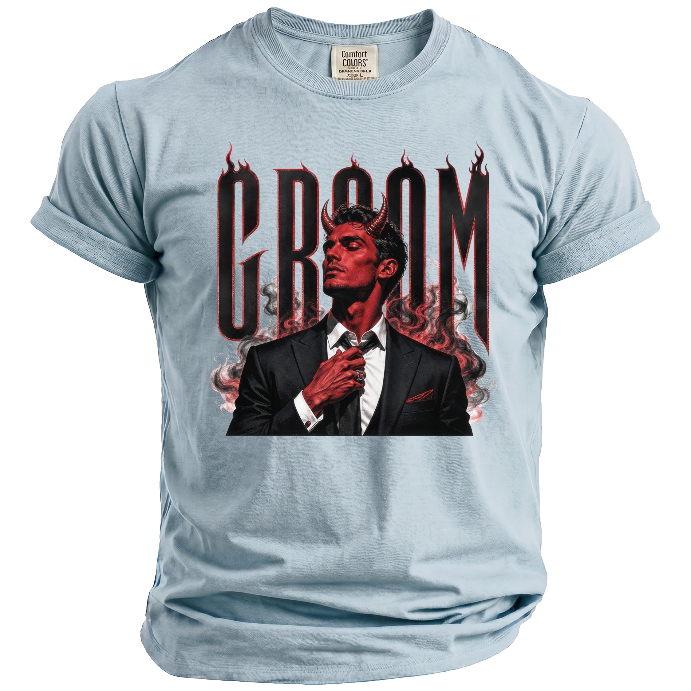 Light blue t-shirt with "Groom" text and a devilish man in a suit.