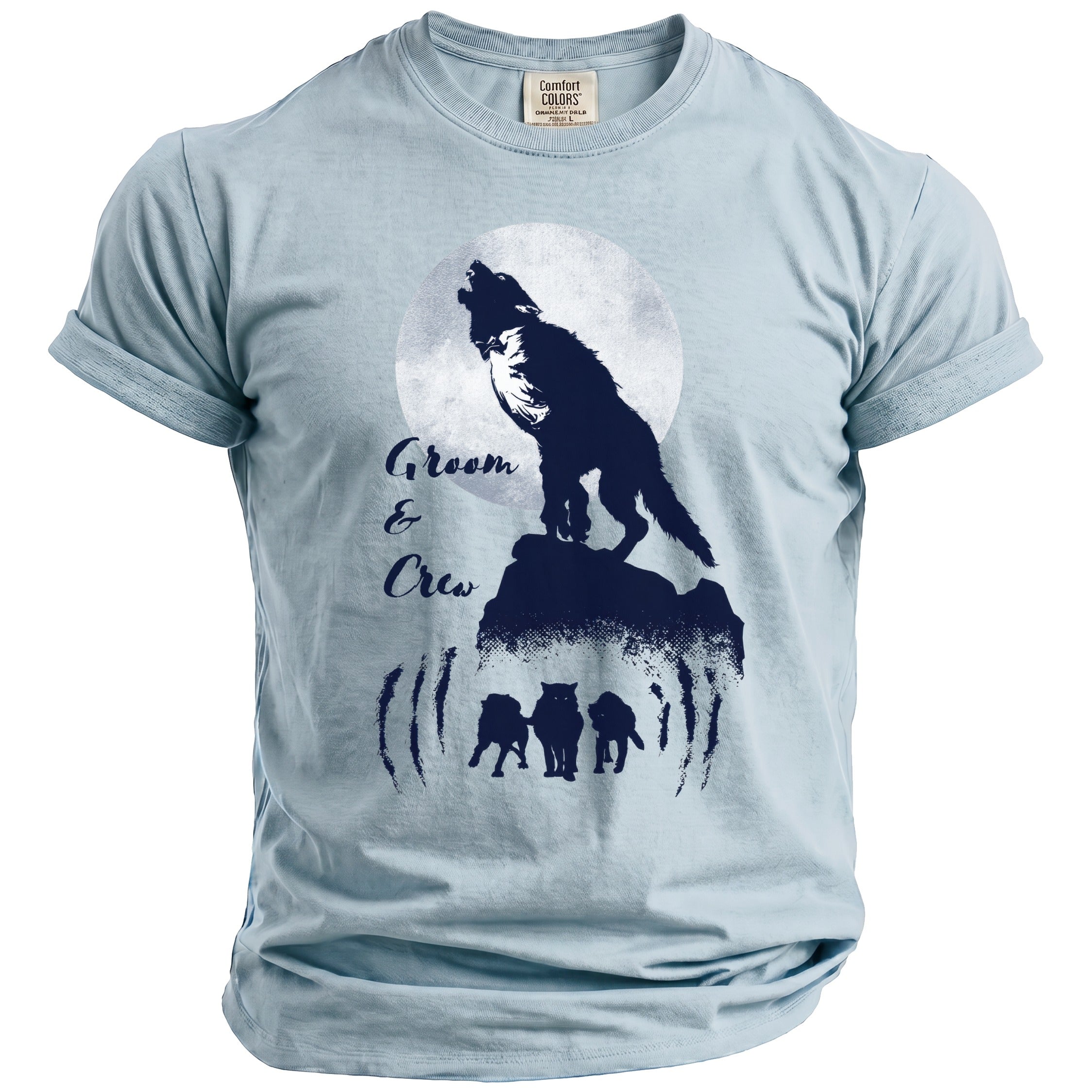 Light blue t-shirt with navy graphic of wolves, a full moon, and text reading "Groom & Crew".