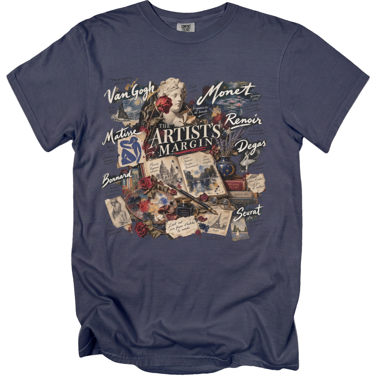 T-shirt with "The Artist's Margin" featuring art by Van Gogh, Monet, Matisse, Renoir, Degas, Bonnard, and Seurat.