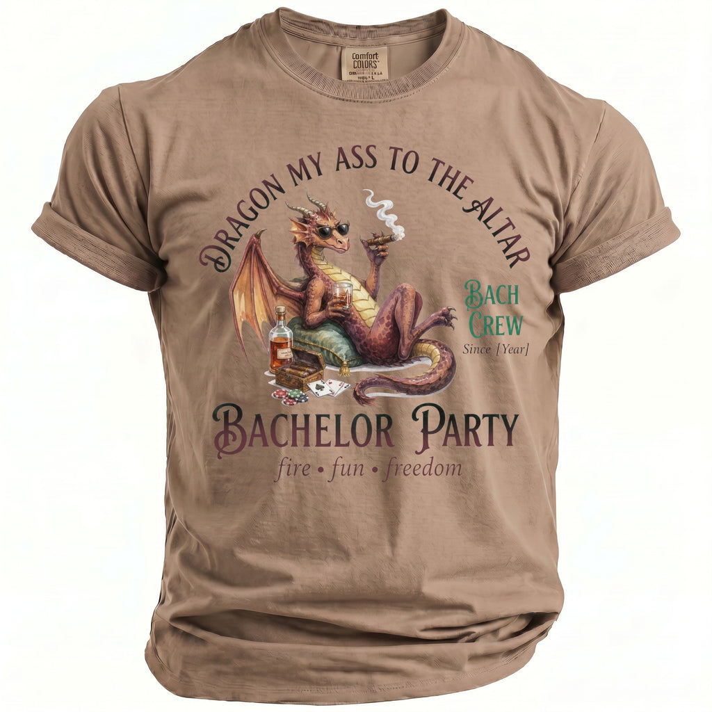T-shirt with a dragon, cigar, whiskey, and playing cards graphic with text.