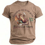T-shirt with a dragon, cigar, whiskey, and playing cards graphic with text.