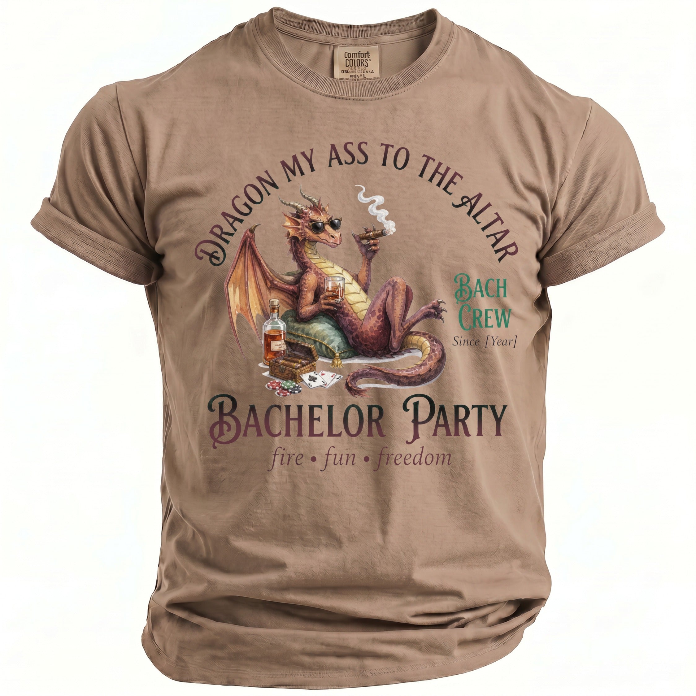 T-shirt with a dragon, cigar, whiskey, and playing cards graphic with text.