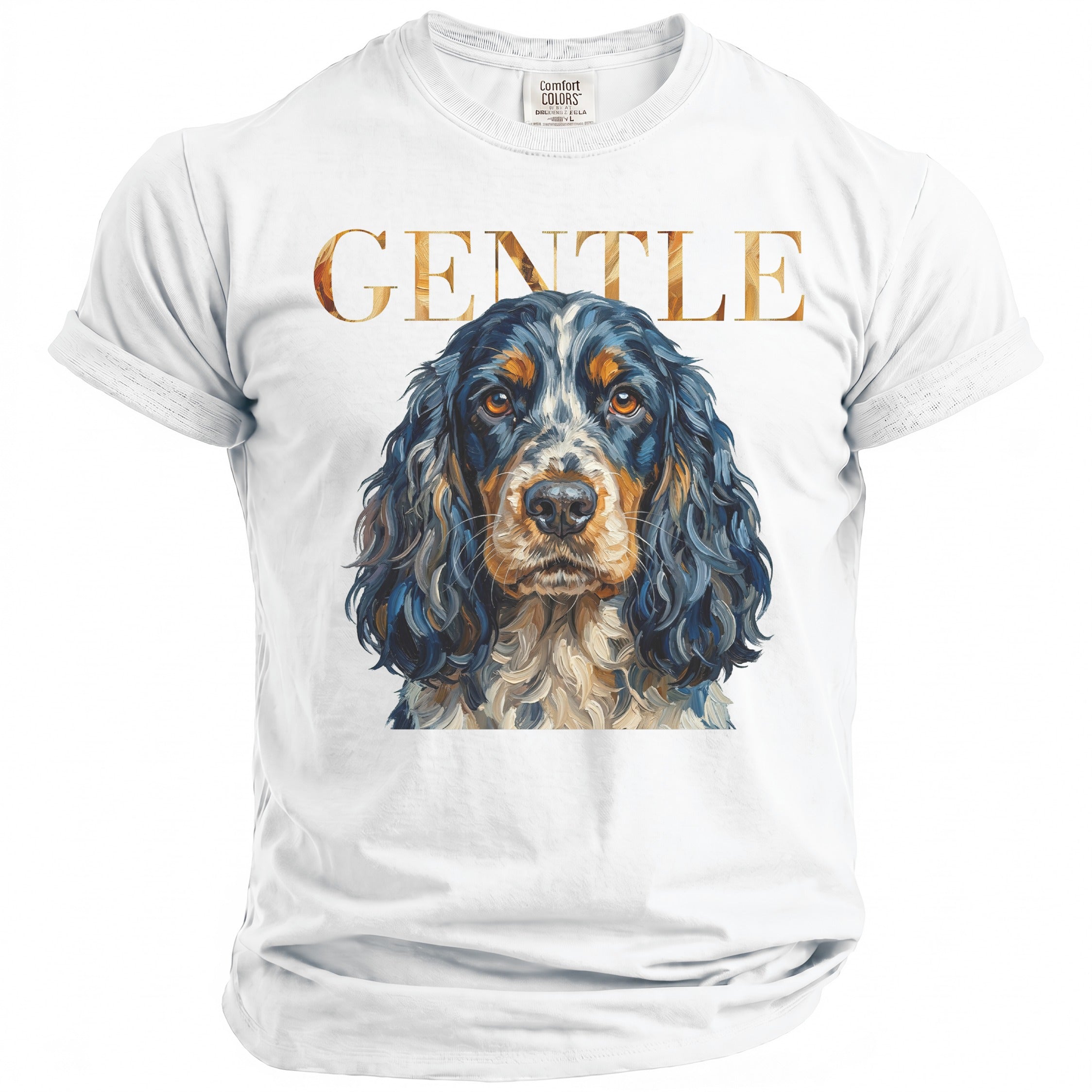 White t-shirt with "GENTLE" text and a painted dog portrait.