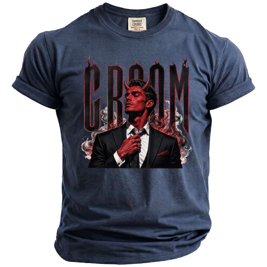 Dark blue t-shirt with red devil adjusting tie and "GROOM" text.