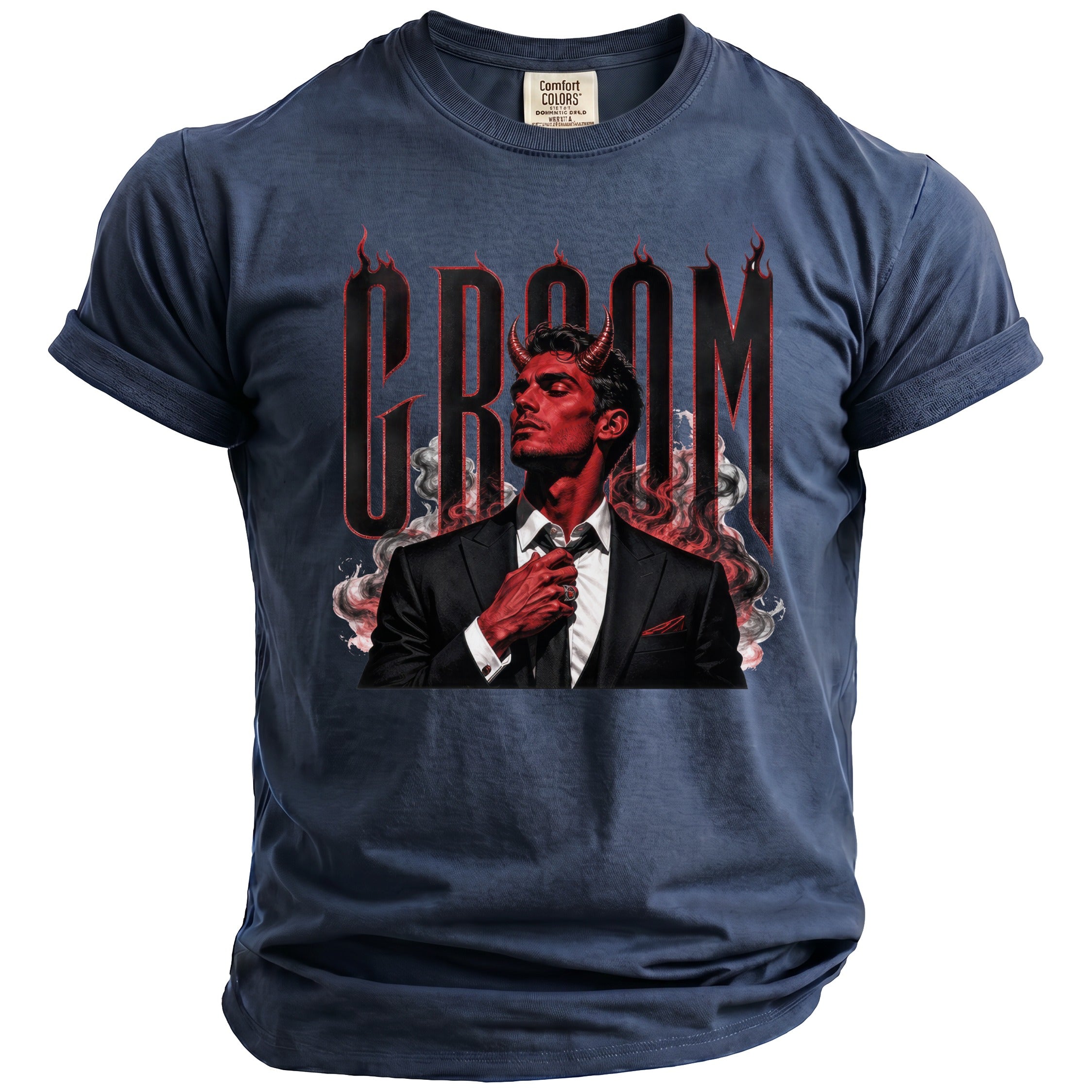 Dark blue t-shirt with red devil adjusting tie and "GROOM" text.