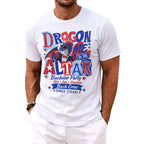 White t-shirt graphic: Dragon in suit, sunglasses. "Dragon Me to the Altar" Bachelor Party "Bach Crew".