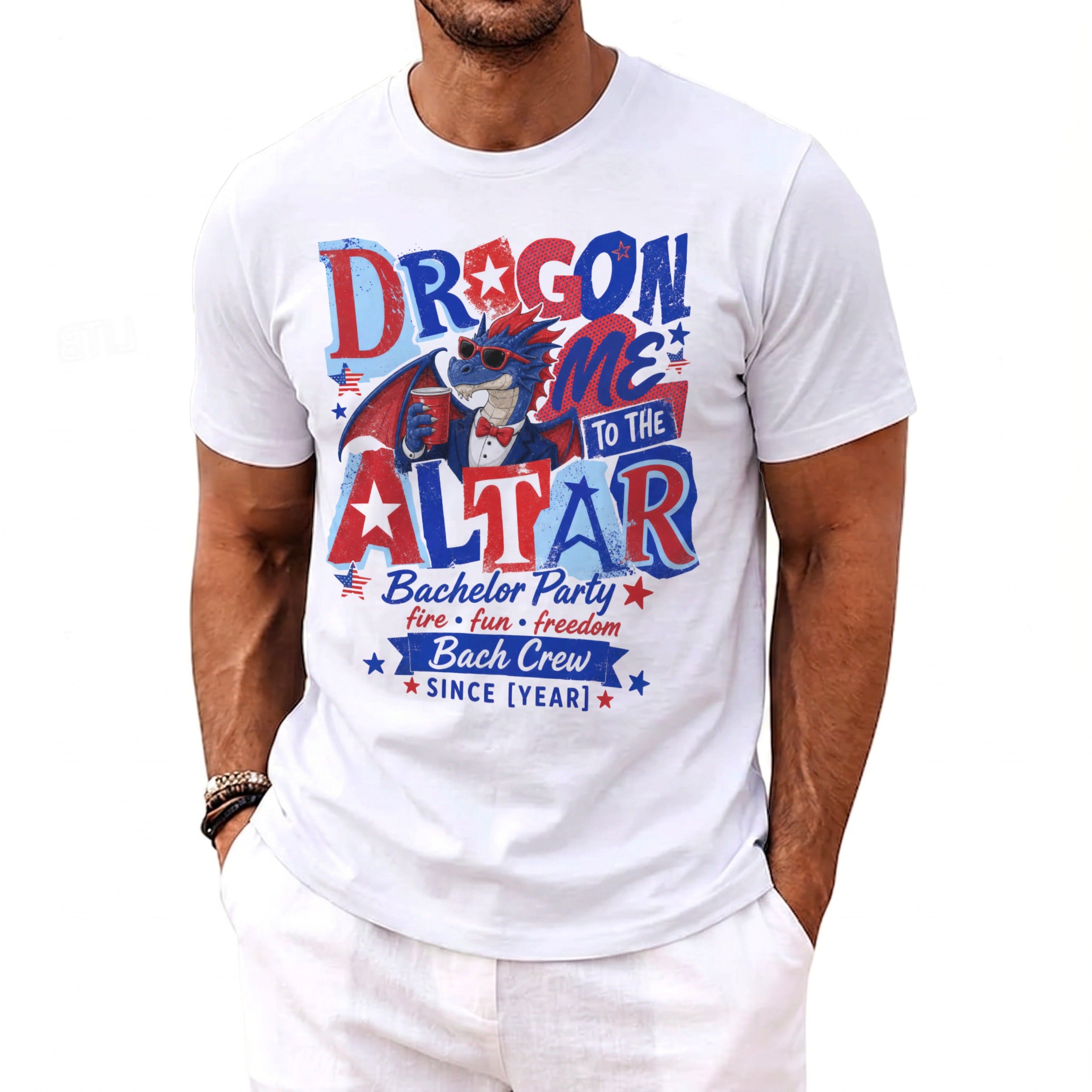 White t-shirt graphic: Dragon in suit, sunglasses. "Dragon Me to the Altar" Bachelor Party "Bach Crew".