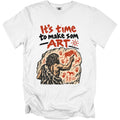 Caveman painting bison and handprints on rock wall with text "It's time to make some ART".