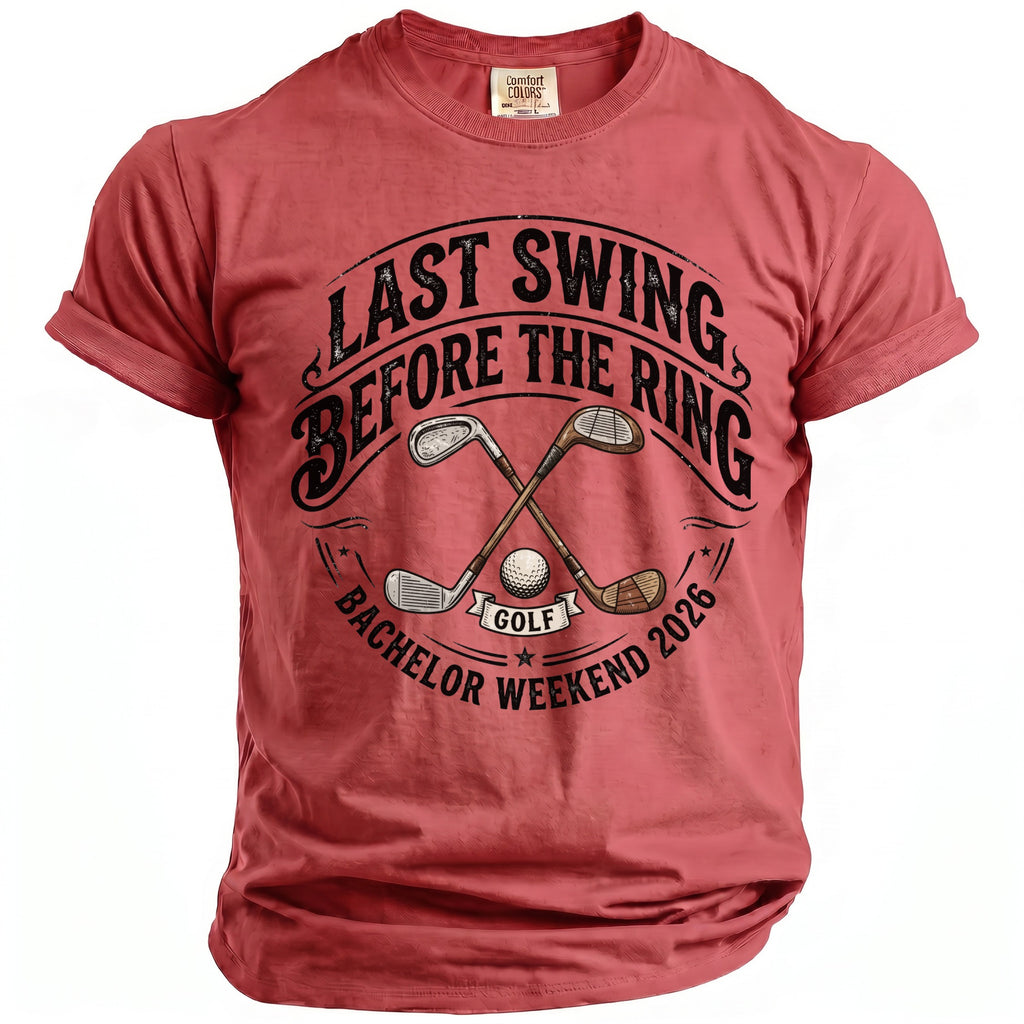 Coral t-shirt with "Last Swing Before the Ring" golf graphic.